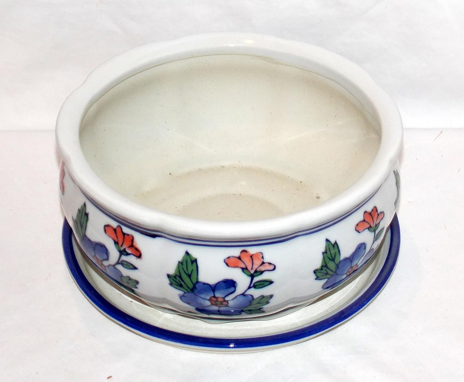 New 8.5" Blue Daisy & Coral Color Flowers Round Planter Plant Pot & Saucer