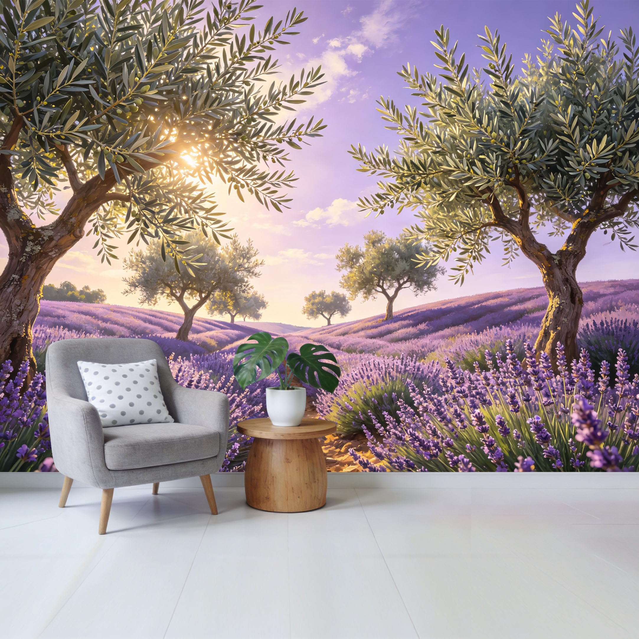 Removable Self Adhesive Fabric Mural， Olive Tree Lavender Field Custom Size Wall Covering， UV Protected Waterproof Washable Wall Decor for Living Room Bedroom Bathroom