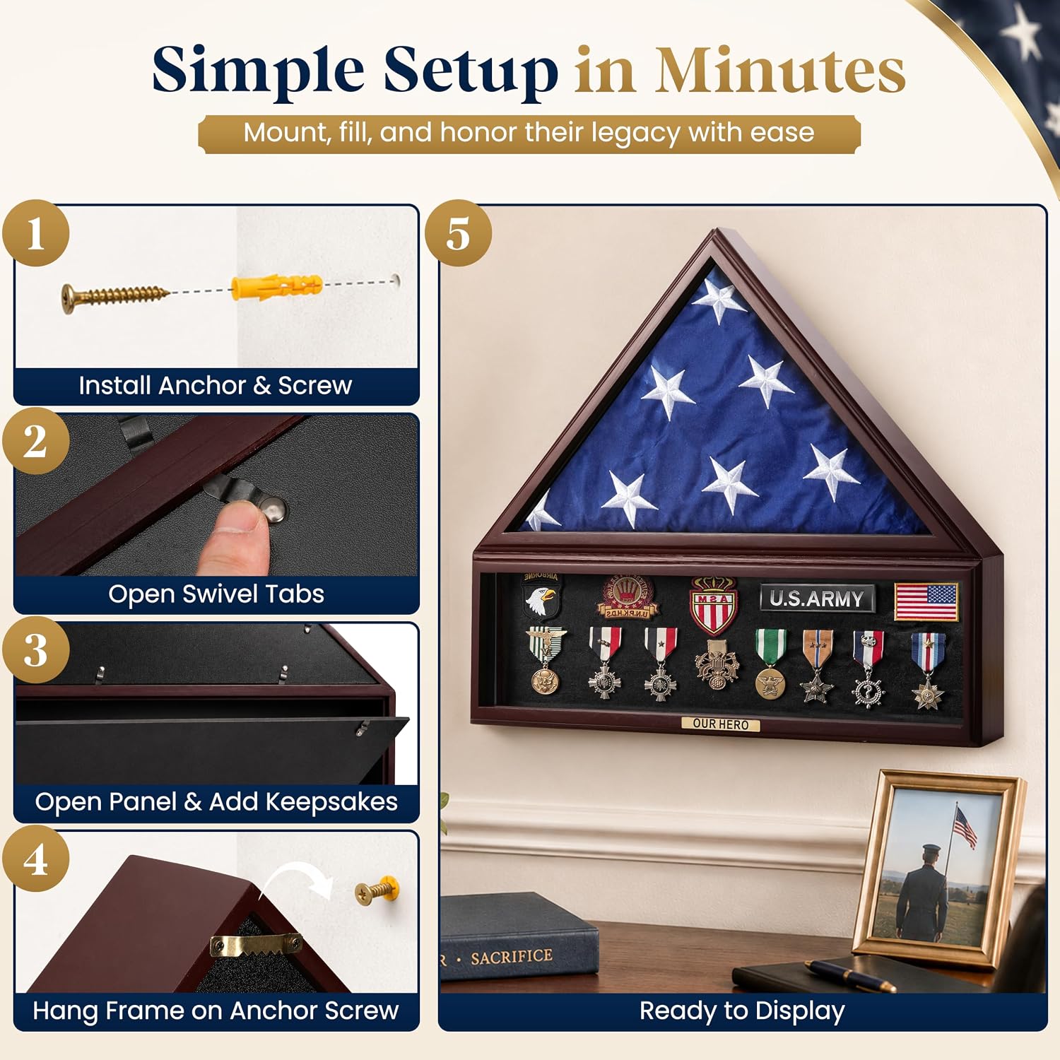 Large Military Flag Display Case with Gold Plate - Wooden Shadow Box Frame for Veteran Burial Flag - Fits 5' x 9.5' Flag - Memorial Medal Display & Shadowbox for Medals & Tri Folded Flag