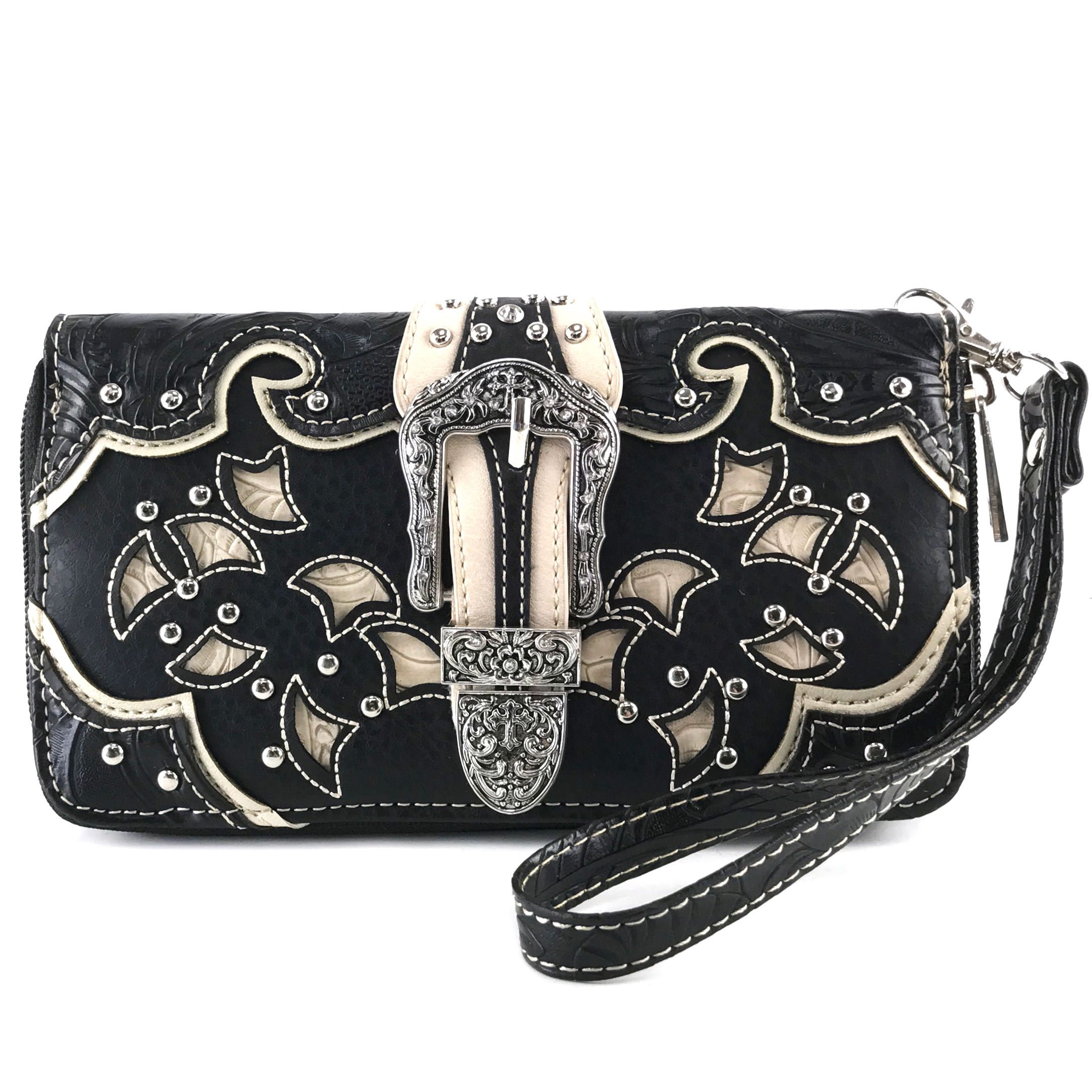 Justin West Rhinestone Buckle Western Laser Cut Tooled Wristlet Wallet Shoulder Handbag Purse