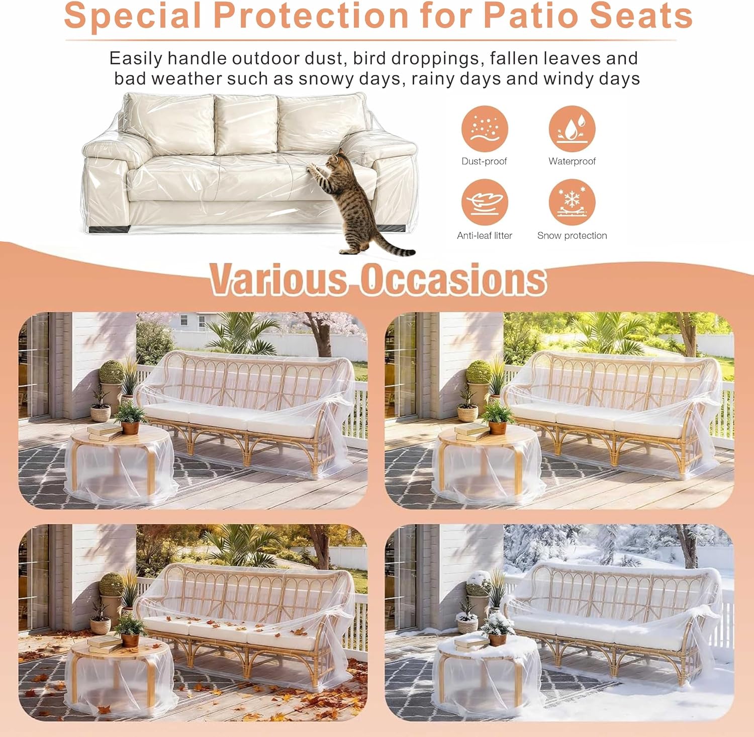 Clear Thick Sofa Cover, Waterproof Pet Couch Protector, Transparent Vinyl Couch Slipcover for Cats and Dogs, Anti Scratch Furniture Protector for Living Room