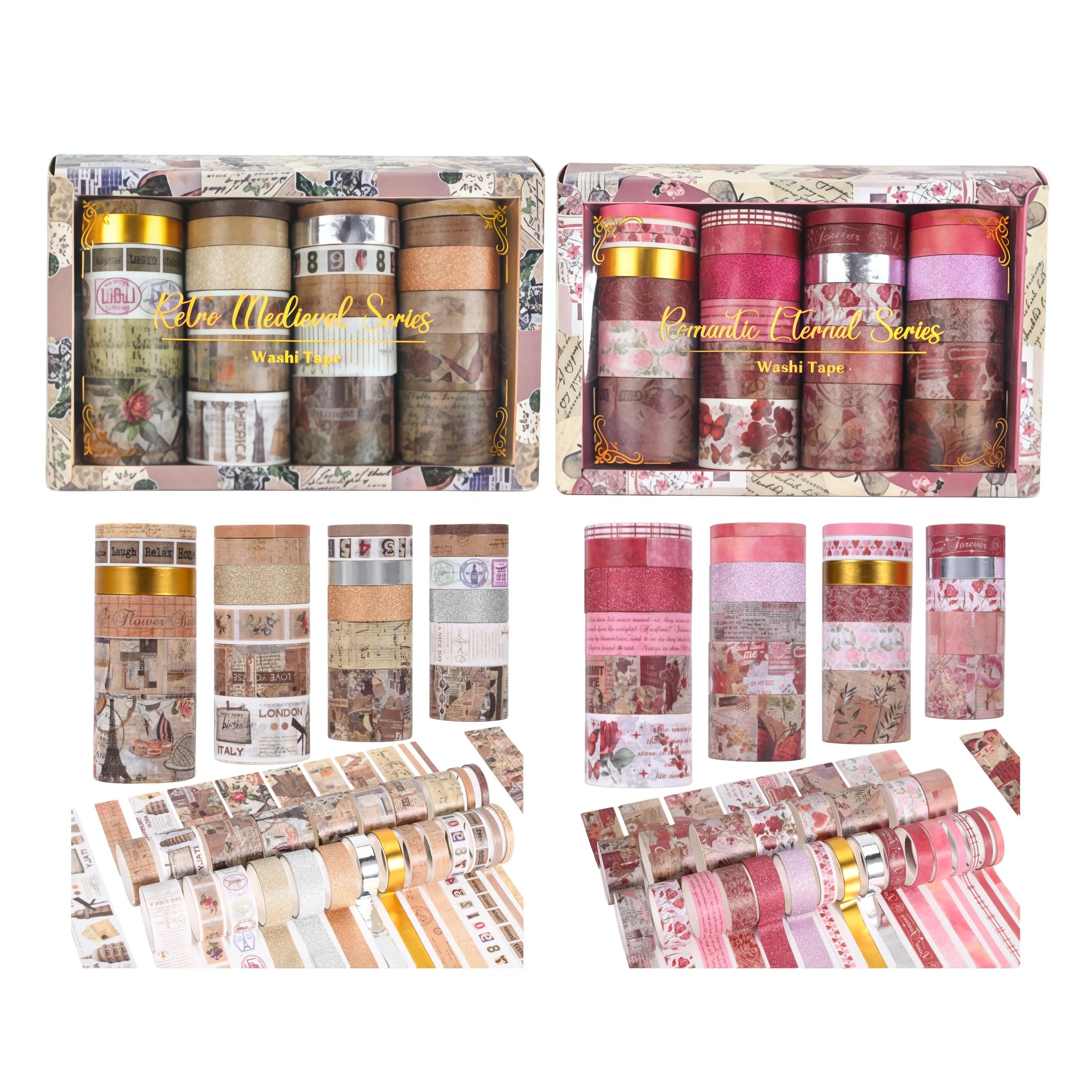 PLUSHCEWT 48 Rolls Vintage Washi Tape Set, 2 Pack with 5 Sizes (5mm-30mm), Acid-Free Repositionable Decorative Tape for Journaling, Scrapbooking, DIY Crafts, Gift Wrapping, Scrapbook Supplies (A1)