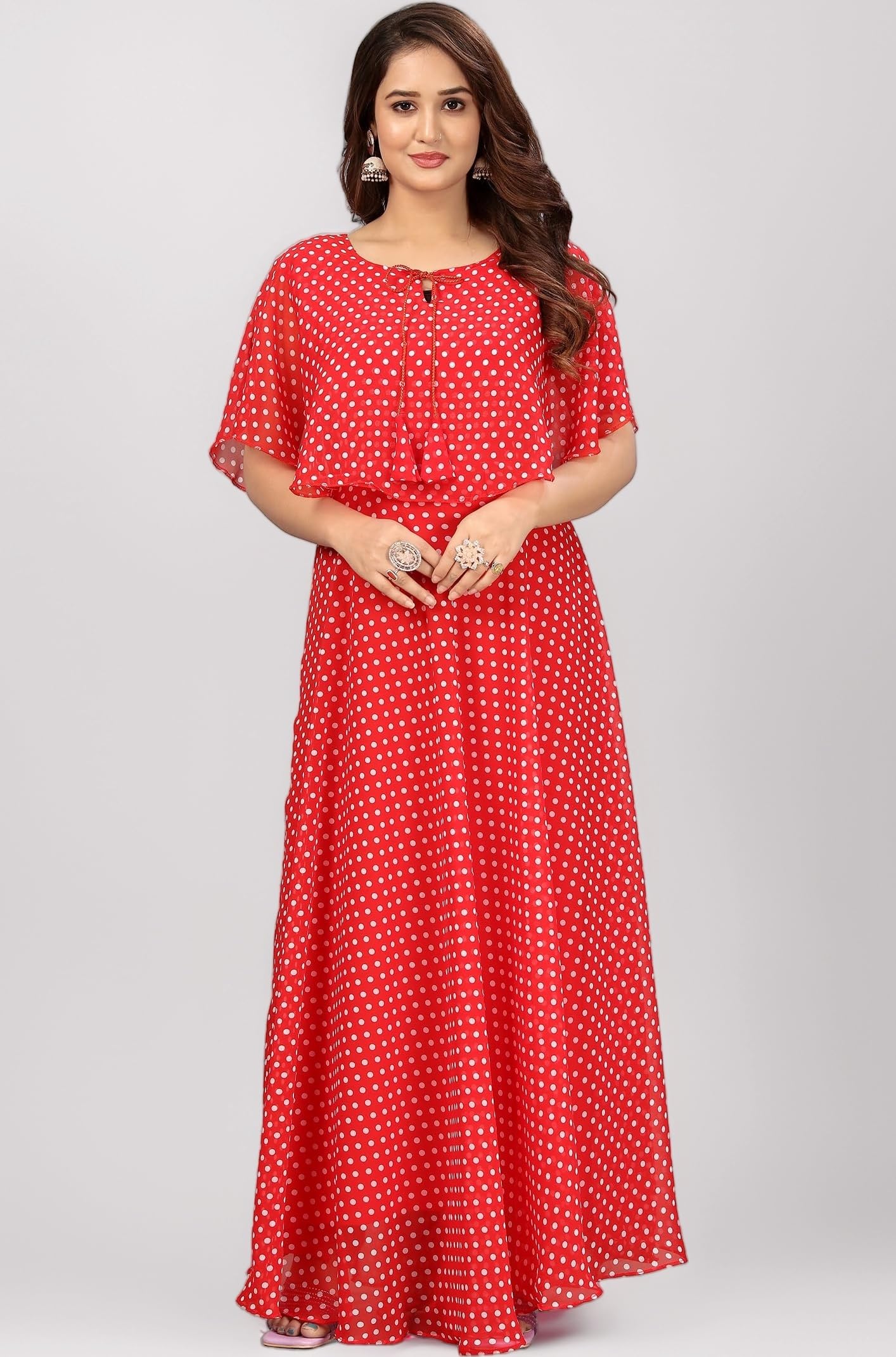 Women's Maxi Length Flared Gown in Georgette Fabric | Polka Dot Print Long Dress for Girls & Woman