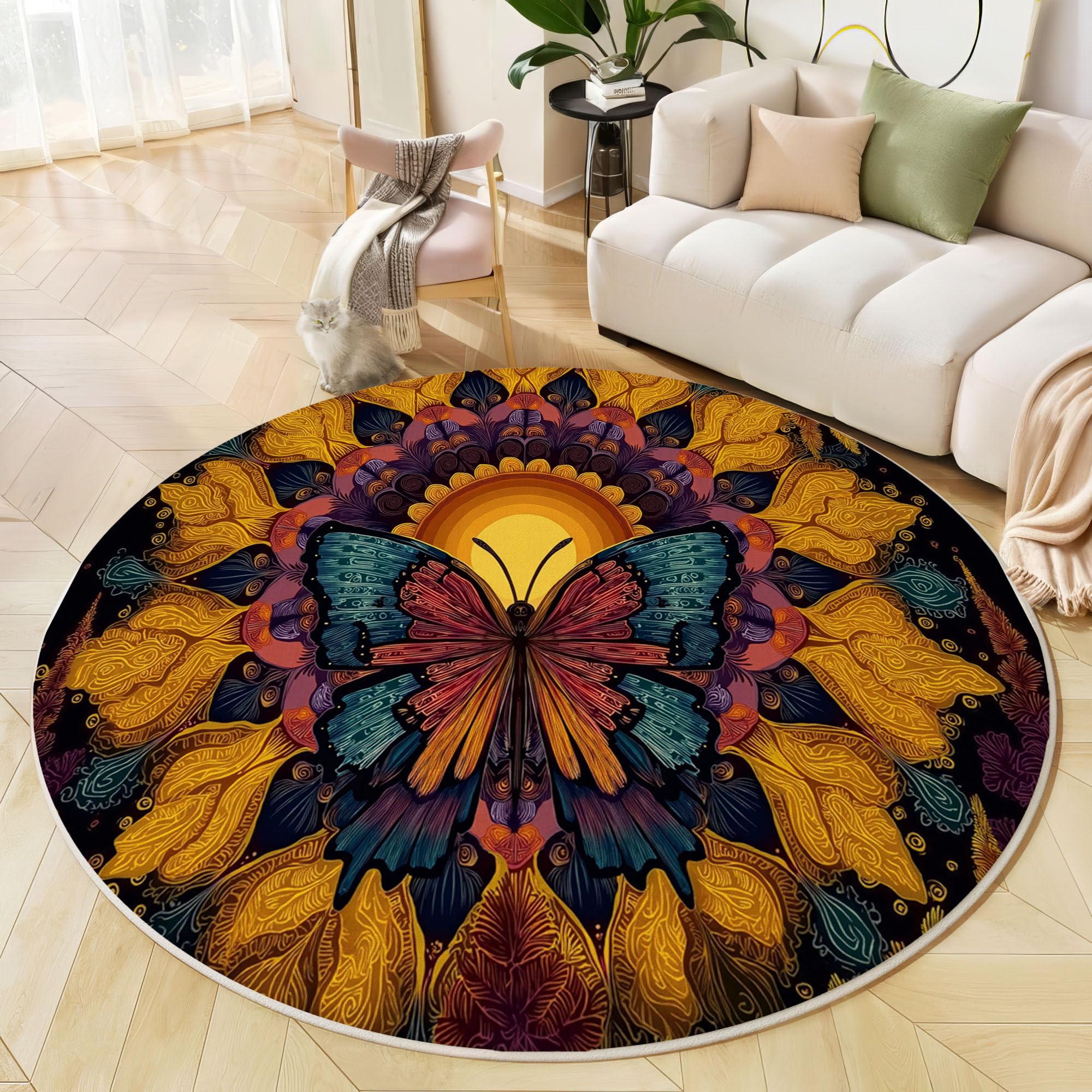 Tapis rond antidérapant à poils ras, motif mandala et papillon violet pour déco lavable