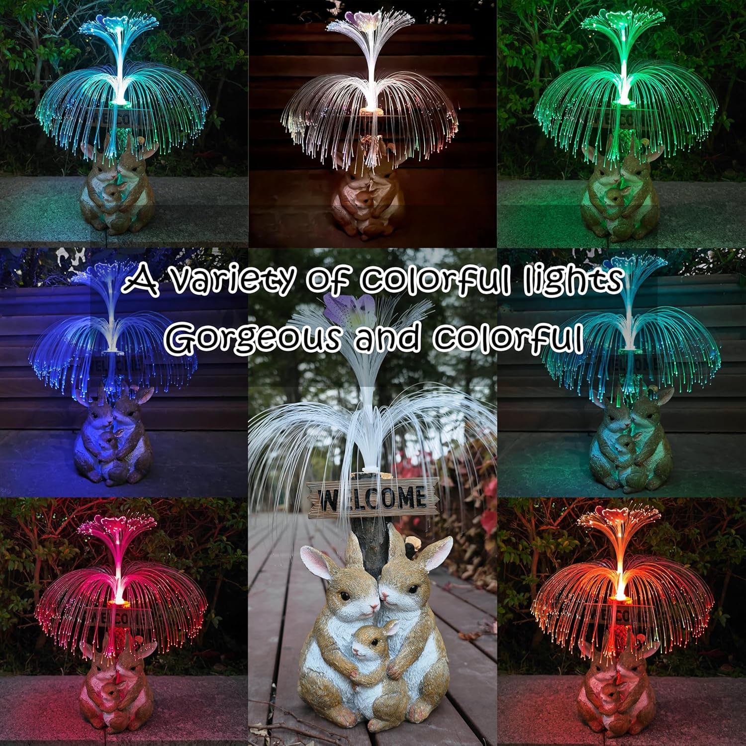 Solar Rabbit Garden Statues,Resin Rabbit Family Figurine with Welcome Card and 7-Color Changing Optical Fiber with Solar Lights, Lawn Decor Outdoor Statue for Patio,Balcony,Yard,Lawn - Image 4