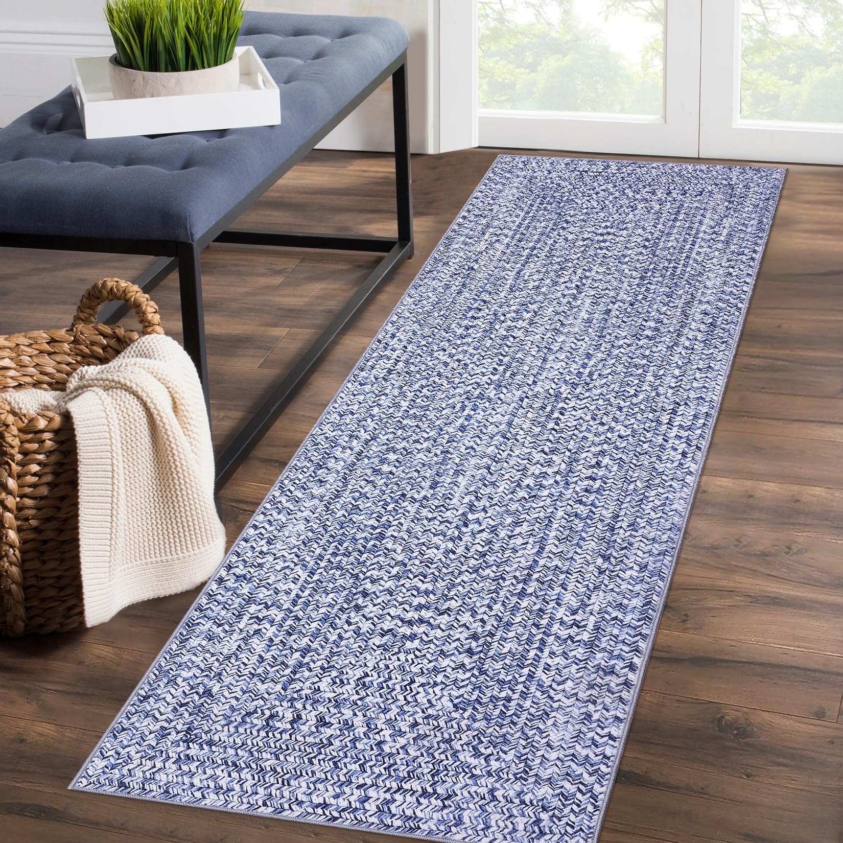 ROYHOME Runner Rug 2x10 Print Braided Washable Hallway Runner, Stain Resistant Non-Slip Entryway Rug Farmhouse Solid Printed Textured Floor Carpet for
