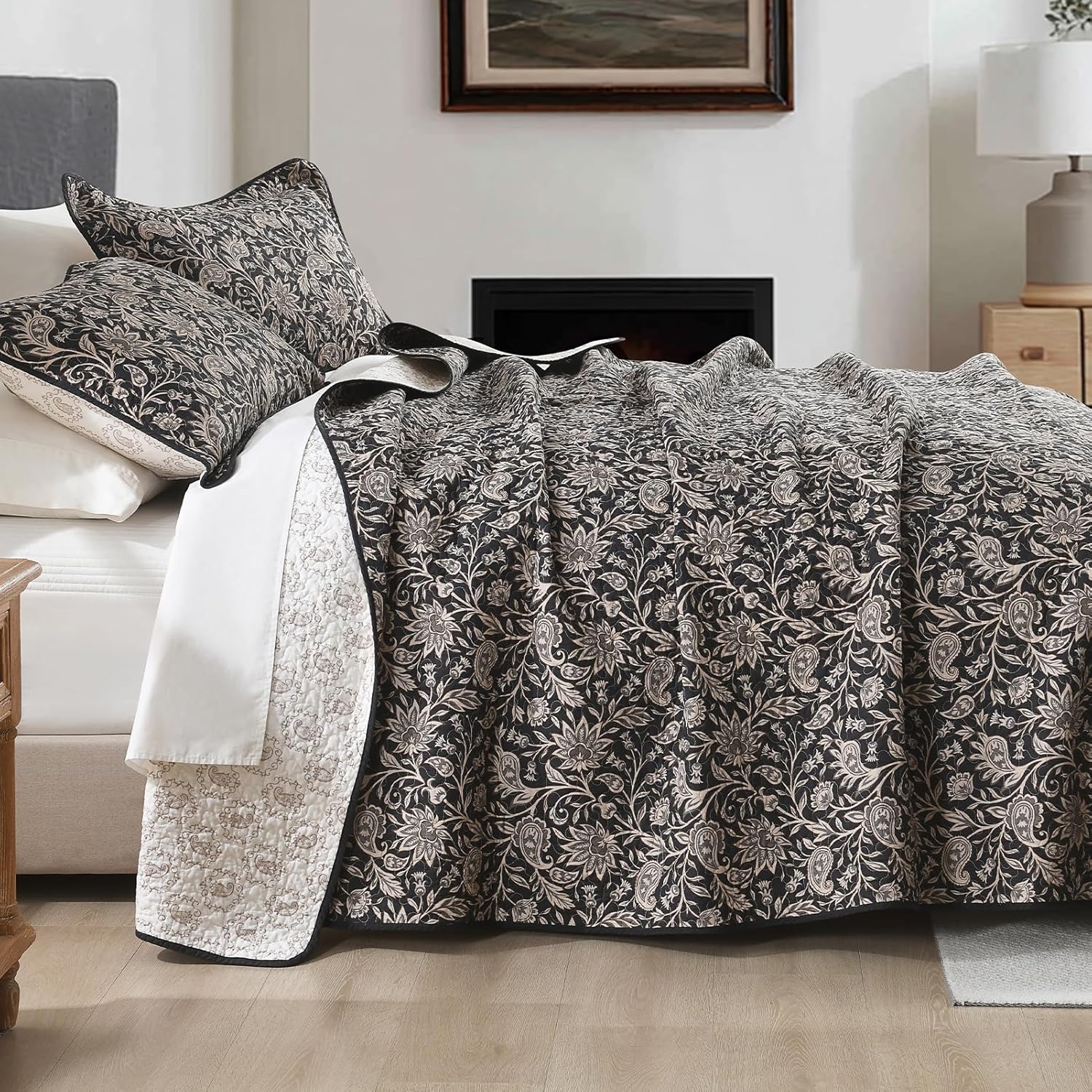 100% Cotton Quilt Set King Size - Floral Botanical Quilted Comforter, Reversible King Quilt Bedspread, Vintage Farmhouse Lightweight Bedding for King Bed, 3pcs, Black/Brown