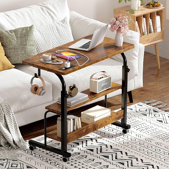 SogesHome 31.5 inches Adjustable Table Mobile Bed Table Portable Laptop Computer Stand Desks with Rolling Wheels, Three-Hole Sockets and USB Ports,Rustic Brown