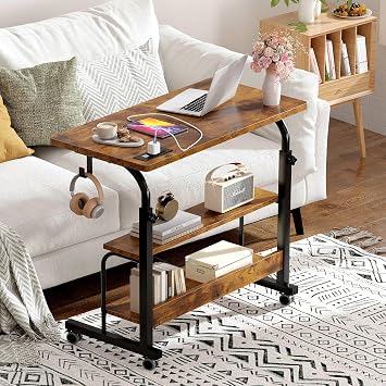 SogesHome 31.5 inches Adjustable Table Mobile Bed Table Portable Laptop Computer Stand Desks with Rolling Wheels, Three-Hole Sockets and USB Ports,Rustic Brown