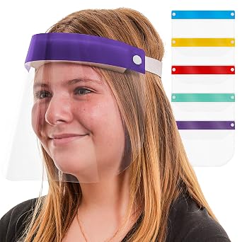 TCP Global Salon World Safety Kids Face Shields Pack of 5 - 5 Colors, 1 Each - Clear Protective Childrens Full Face Shields to Protect Eyes, Nose, Mouth - Anti-Fog PET Plastic, Elastic Headband