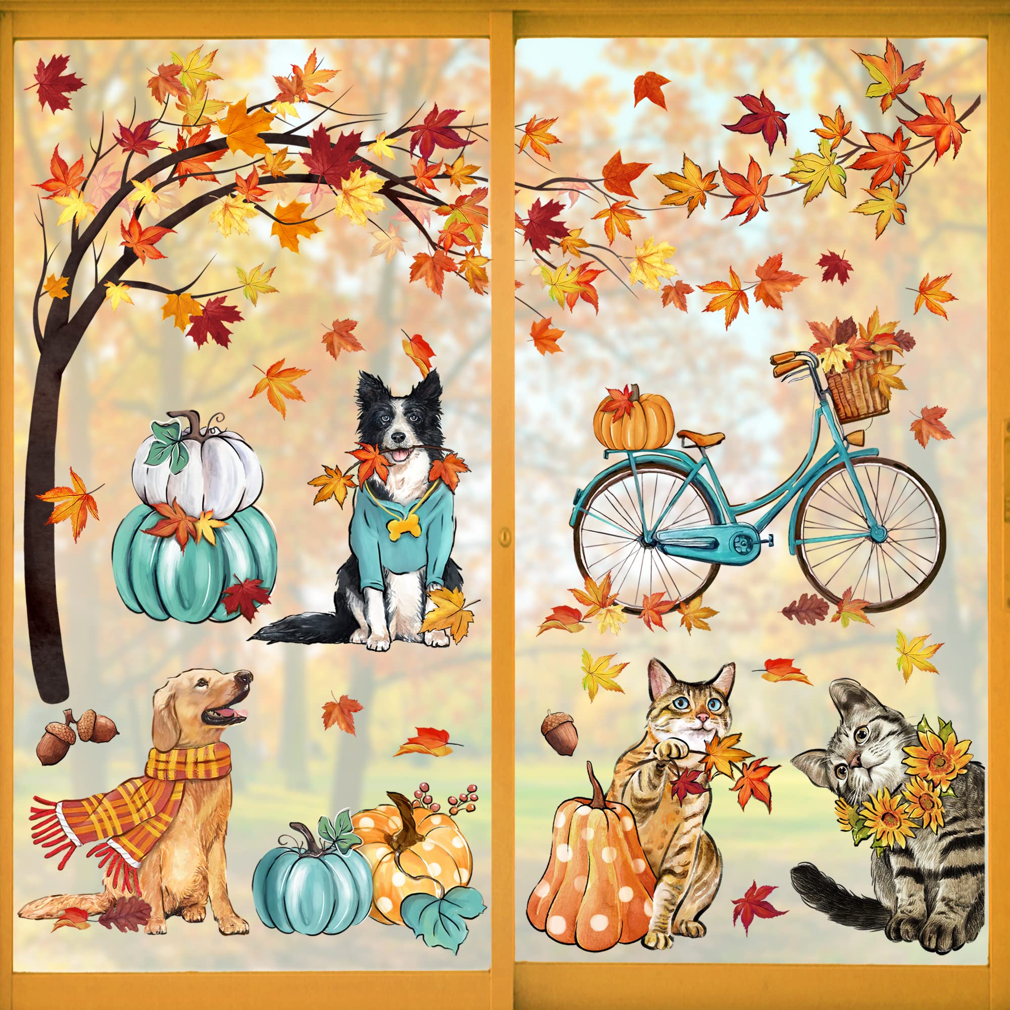 Mfault 59PCS Fall Window Clings 9 Sheets, Autumn Dogs Cats Maple Leaves Pumpkin Stickers Decals Decorations, Puppy Kitty Kitten Bicycle Thanksgiving Living Room Home Kitchen Decor