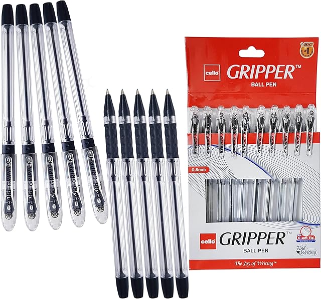 BLACK Ballpoint Pens, Gripper, BLACK, 0.5mm Fine Point, Pack of 10, Elasto Grip Smooth Writing
