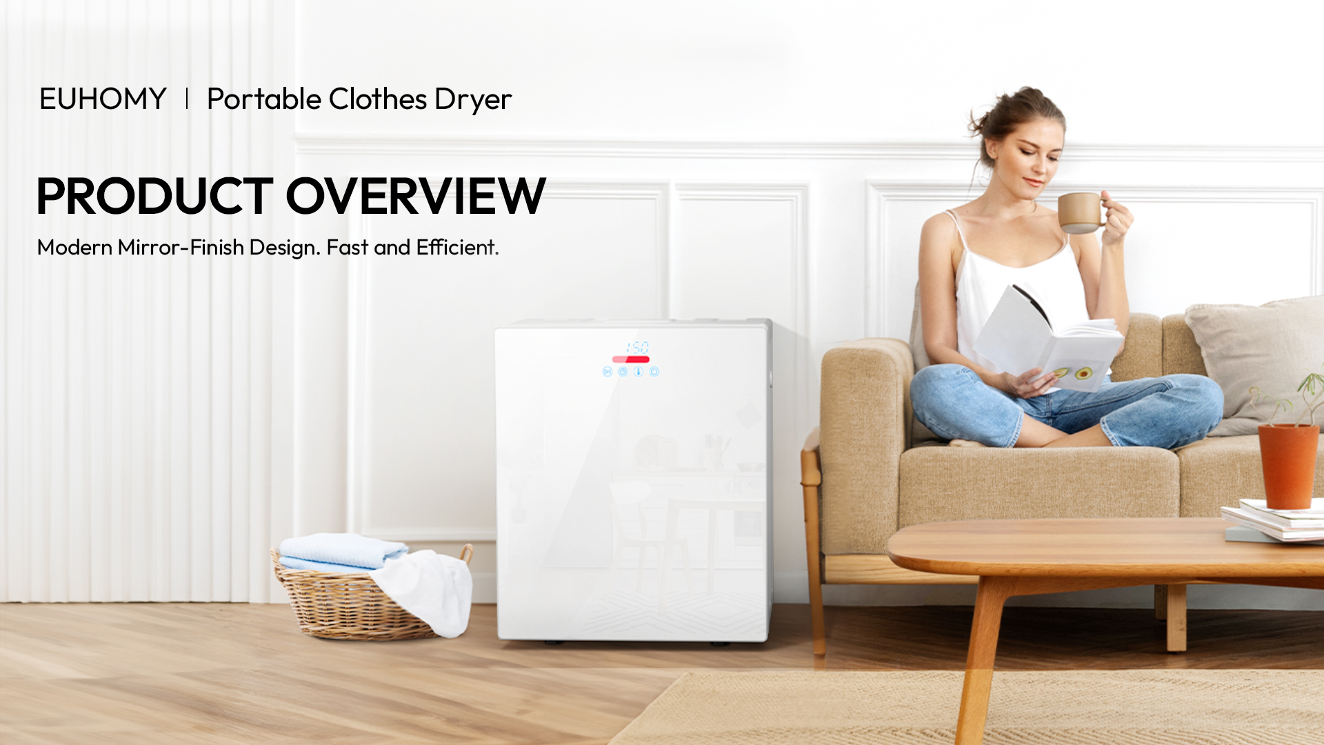 Image of EUHOMY 1.5 Cu.ft. Portable Dryer with 4 Drying Programs, 5.5 lbs Clothes Capacity, Mirror Finish & LCD Touch Panel, 850W Portable Clothes Dryer for Apartment, Dorm & RV, White