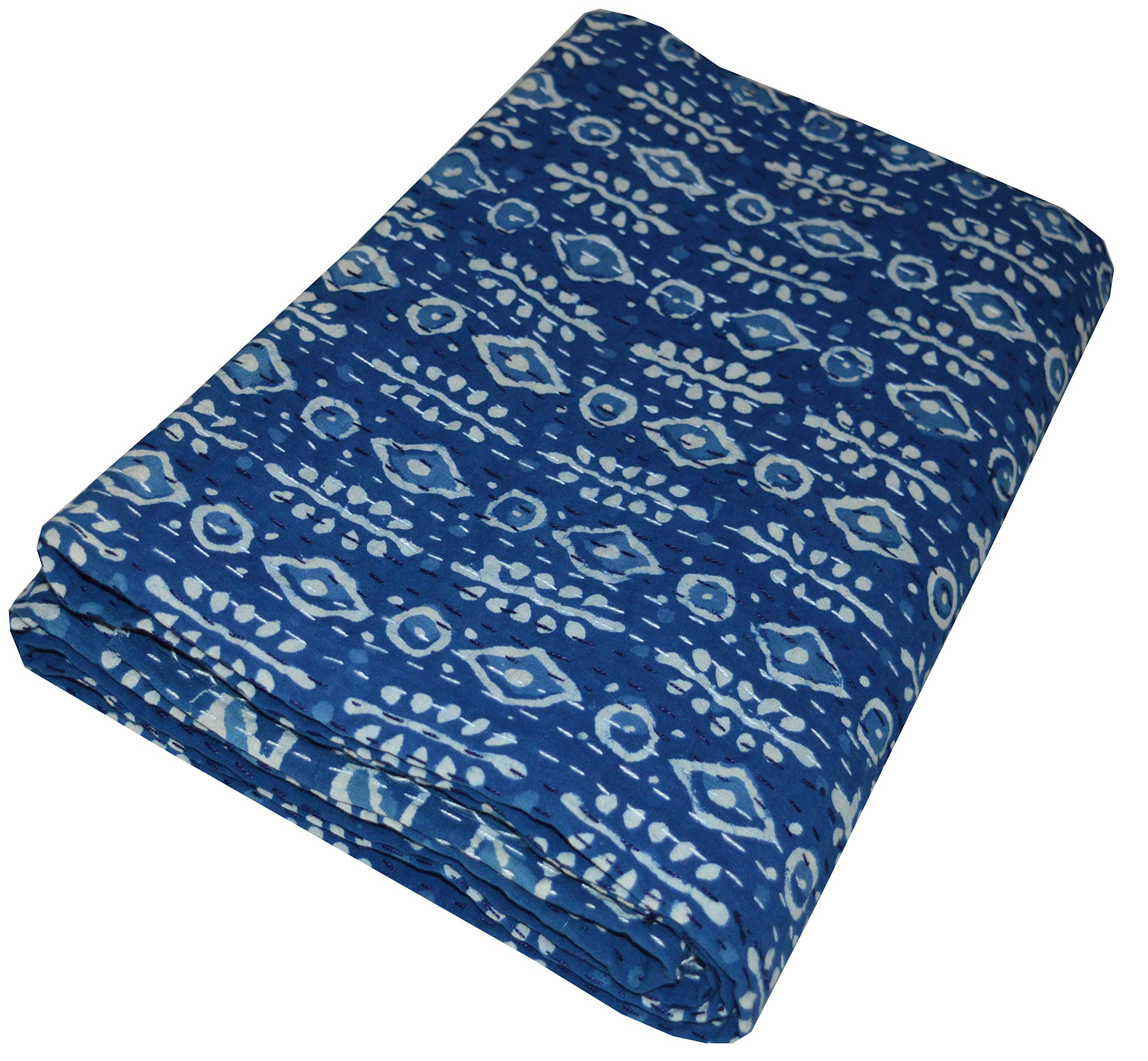 Trapunta Kantha fatta a mano con stampa floreale blu, copriletto