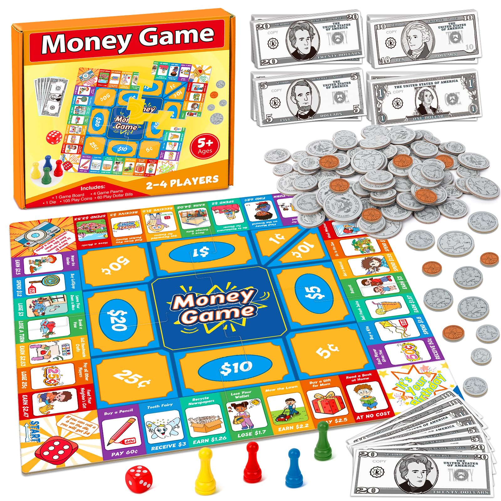 Torlam Money Board Games for Kids, Coins and Bills Toddler Pretend Play Toys, Money for Kids Learning Education Kindergarten Math Games Math
