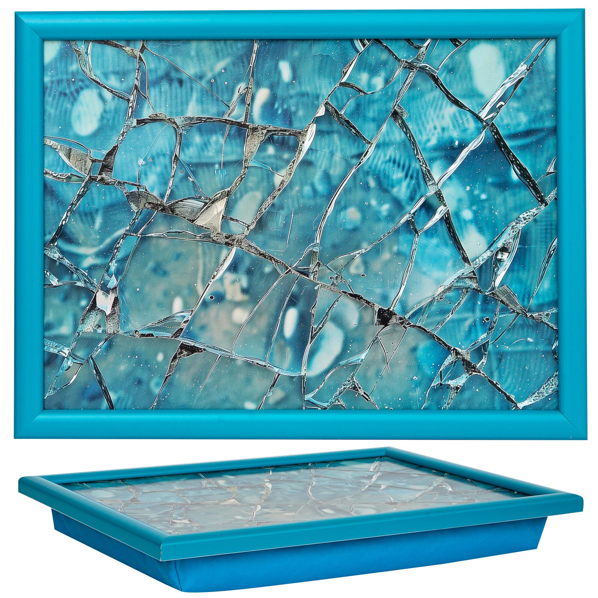 matop Cracked Glass Cushioned Serving Tray – Abstract Bean Bag TV Tray Table for Meals or Snacks, 32×43×5.5cm, Blue Broken Effect