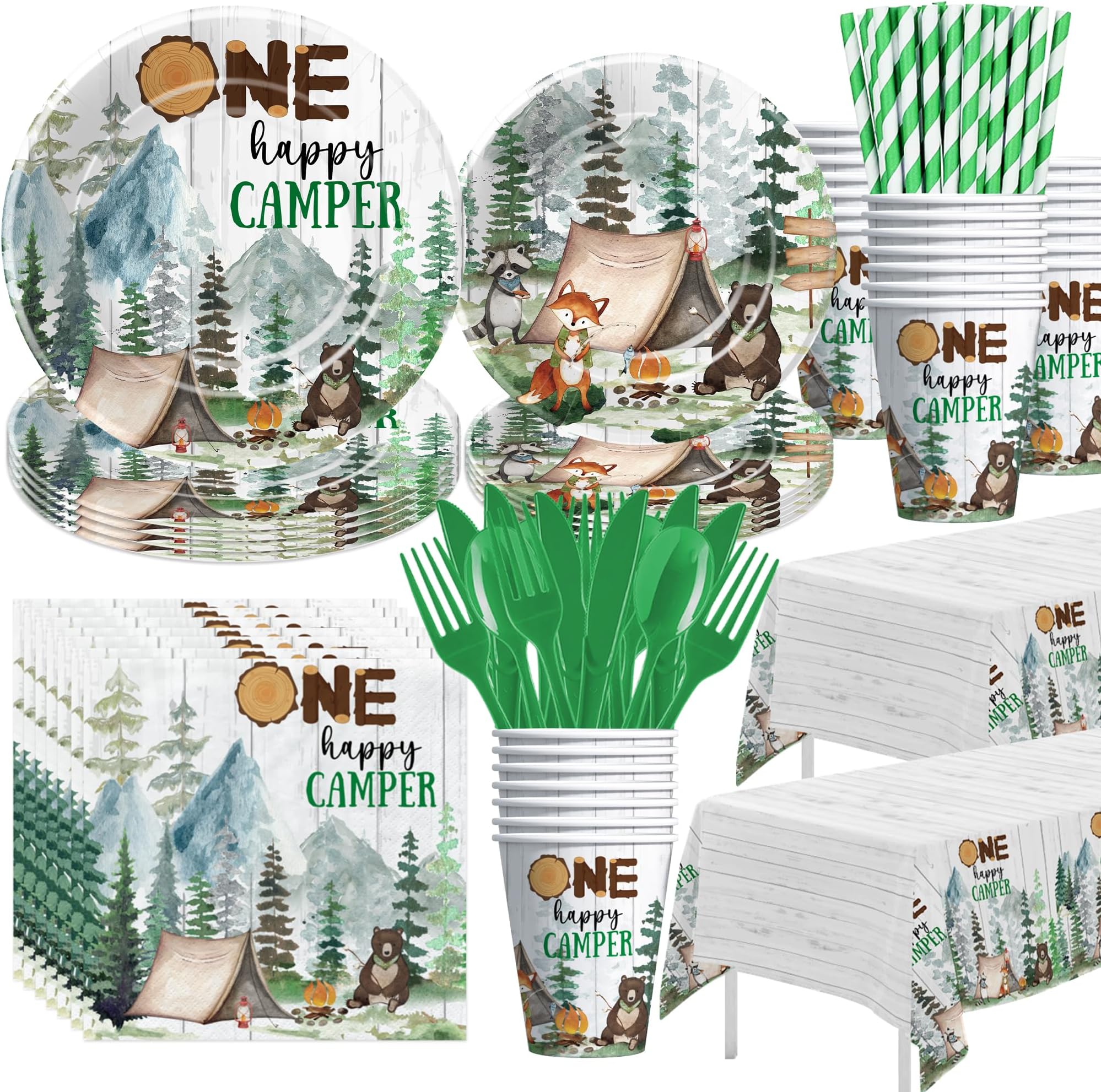 APOWBLS Camping Party Decorations Supplies For 1st Birthday, Adventure Camping Theme One Happy Camper Birthday Decorations Tableware, Paper Plate, Cup, Napkin, Tablecloth, Cutlery | Serves 24