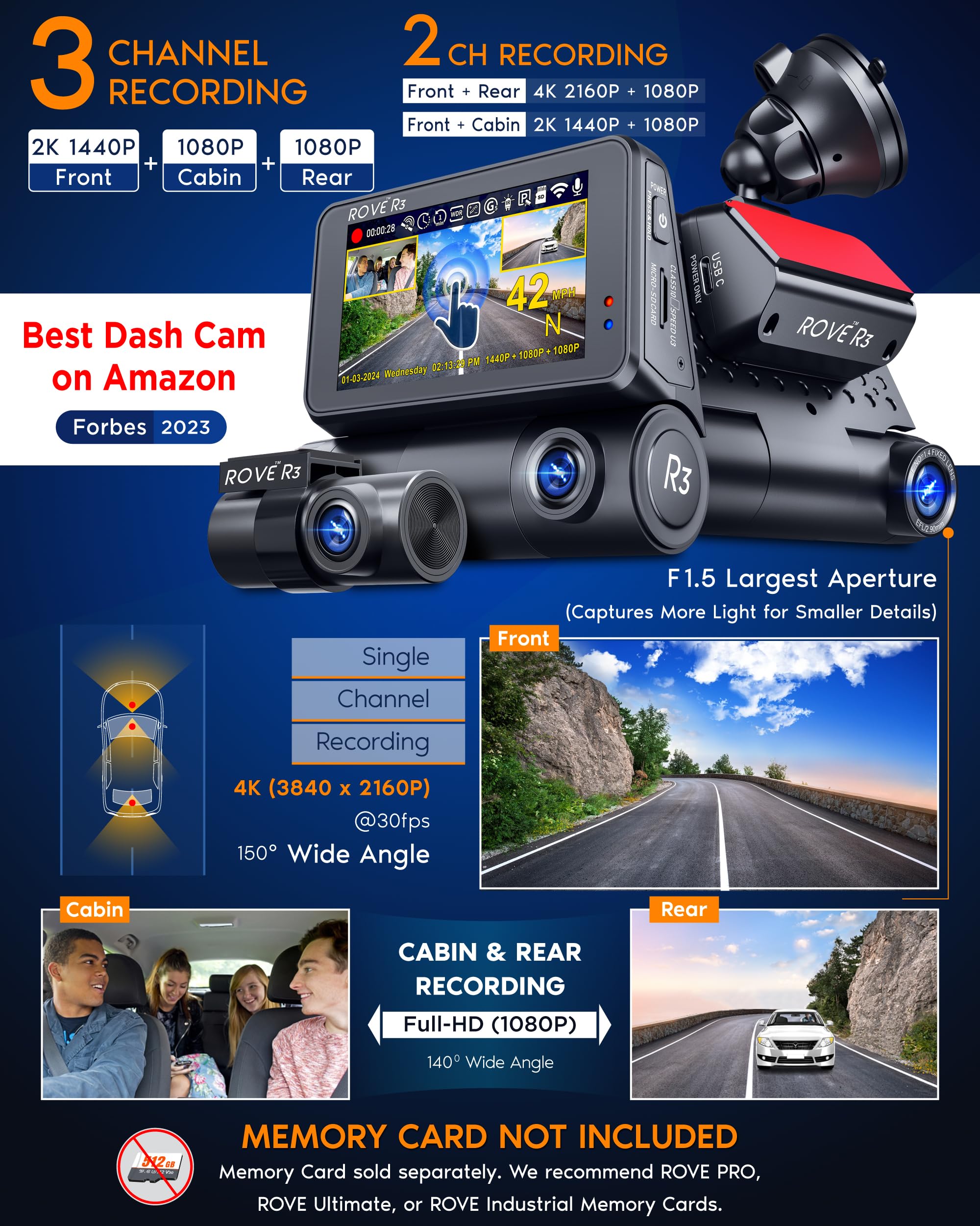 ROVE R3 3 Channel Dash Cam - Product View