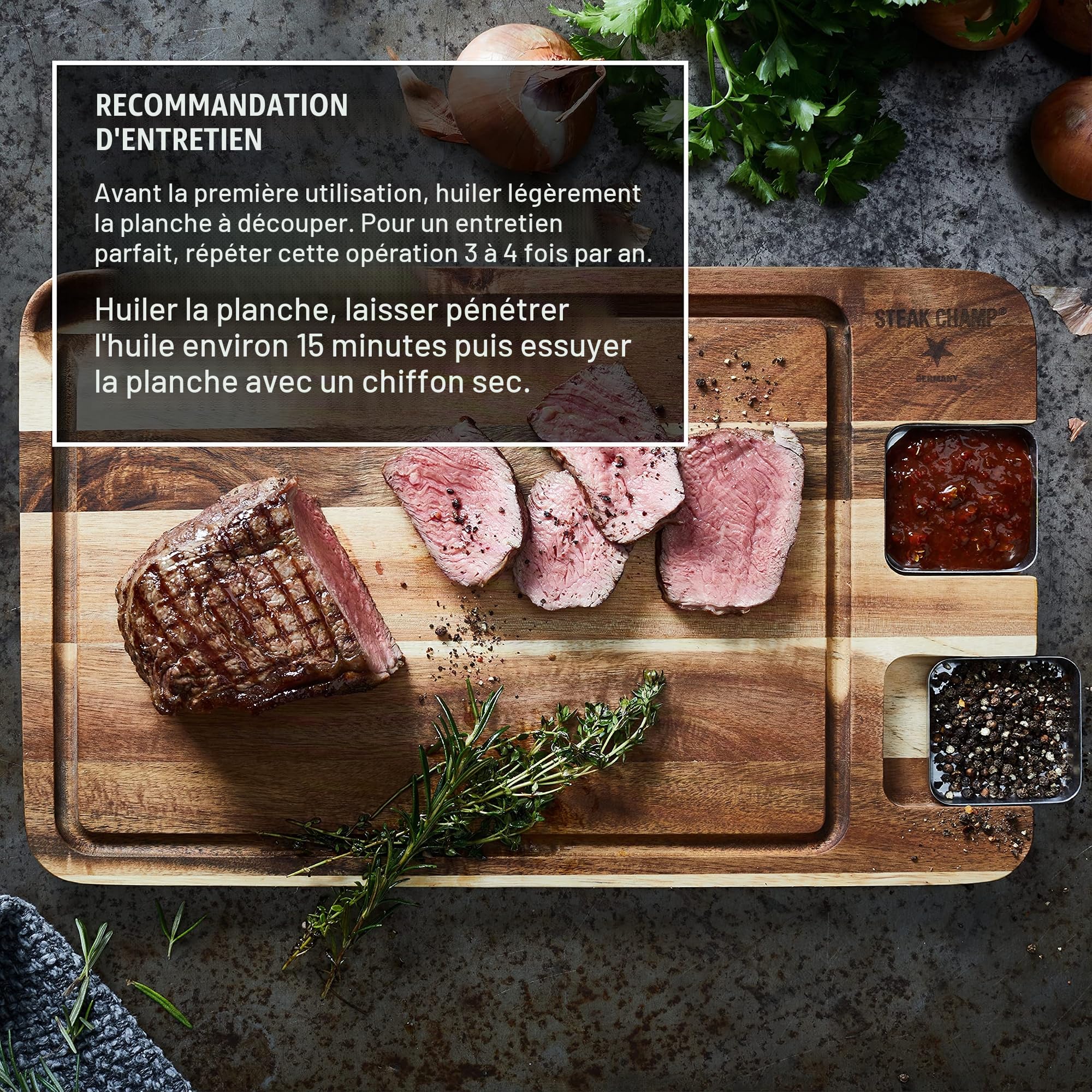 Steakchamp, Premium tavola da pranzo con salsiera, tavola da pranzo in acacia con salsiera in acciaio inossidabile e scanalatura per il succo, 42 cm x 27 cm