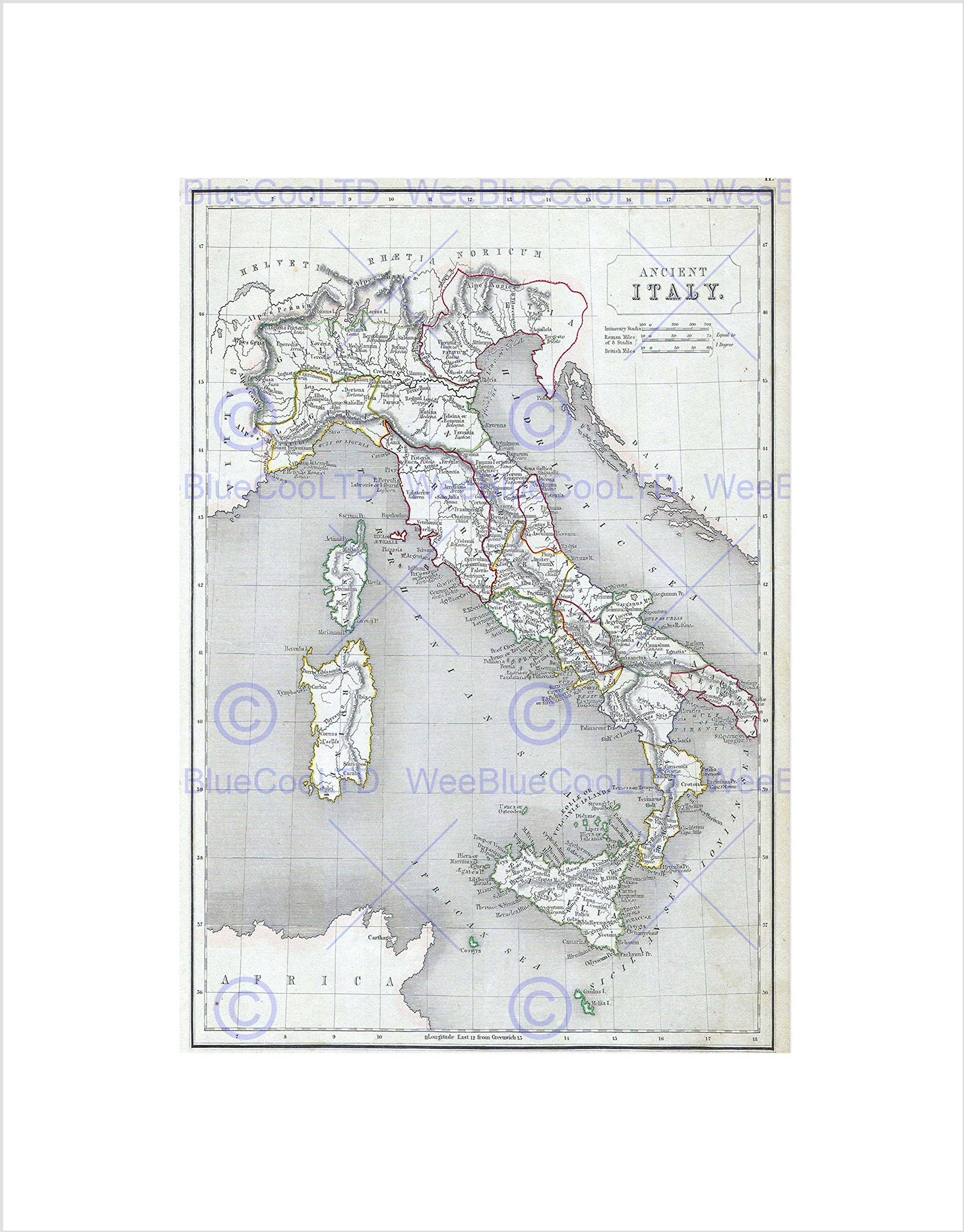 Wee Blue Coo 1845 CHAMBERS MAP ANCIENT ITALY ITALYANCIENT CHAMBERS 1845 FRAMED PRINT B12X2145