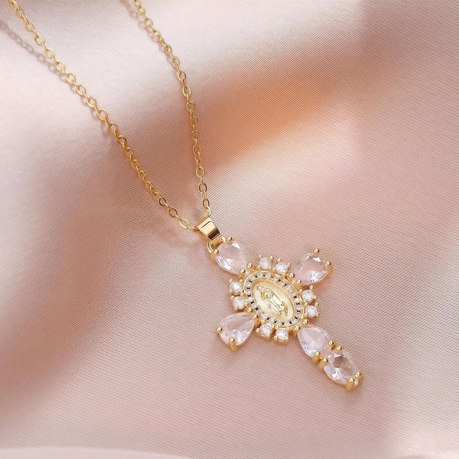 WETMT 18K Gold Plated Cross Necklace for Men Women Dainty Chunky Big Crystal Zircon Virgin Mary Pendant Necklace Faith Cross Necklaces Choker Jewelry Gift - Image 6