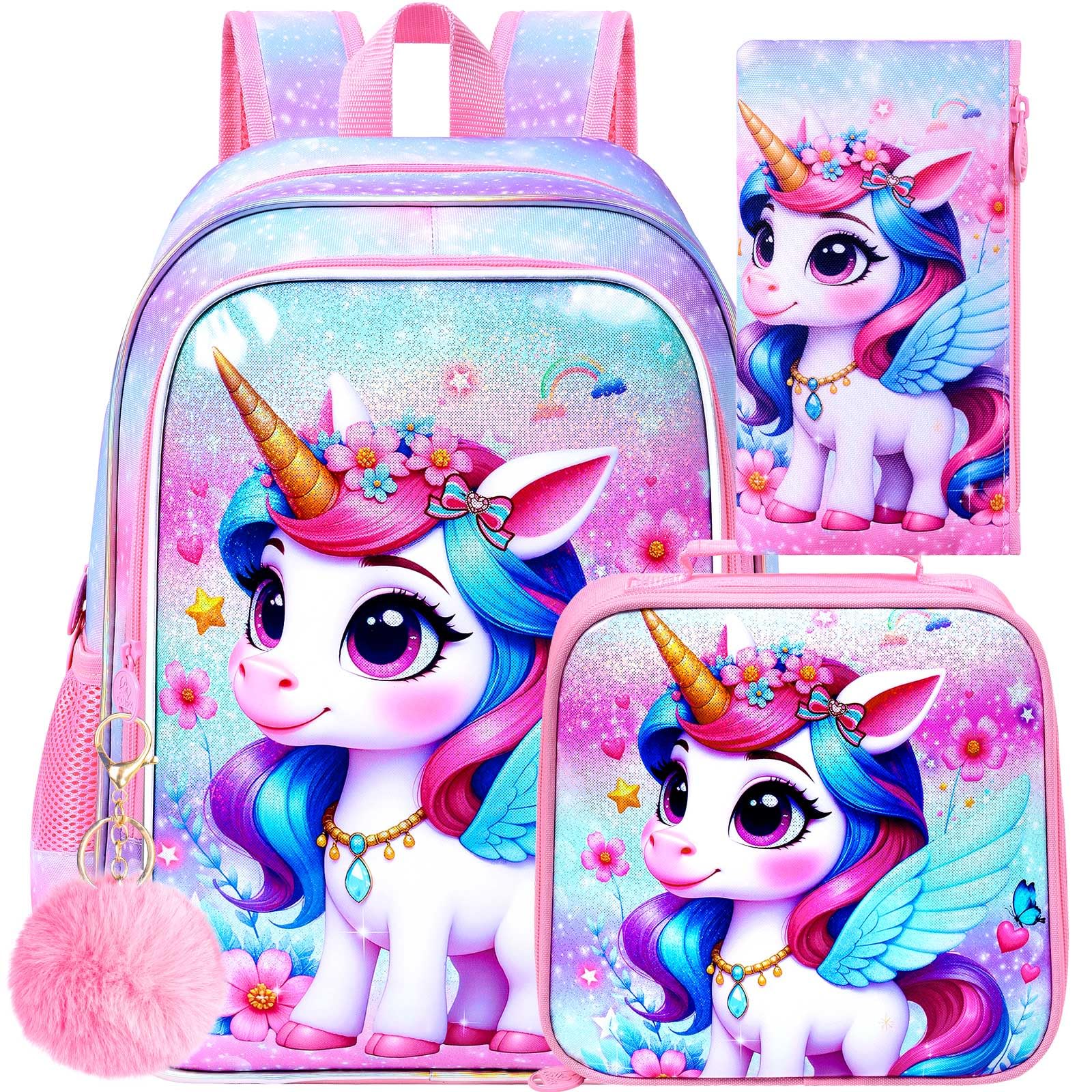 WZLVO 3PCS Kids Backpack for Girls, Unicorn Dinosaur Animal Prechool Elementary Kindergarten School Bookbag with Lunch Box