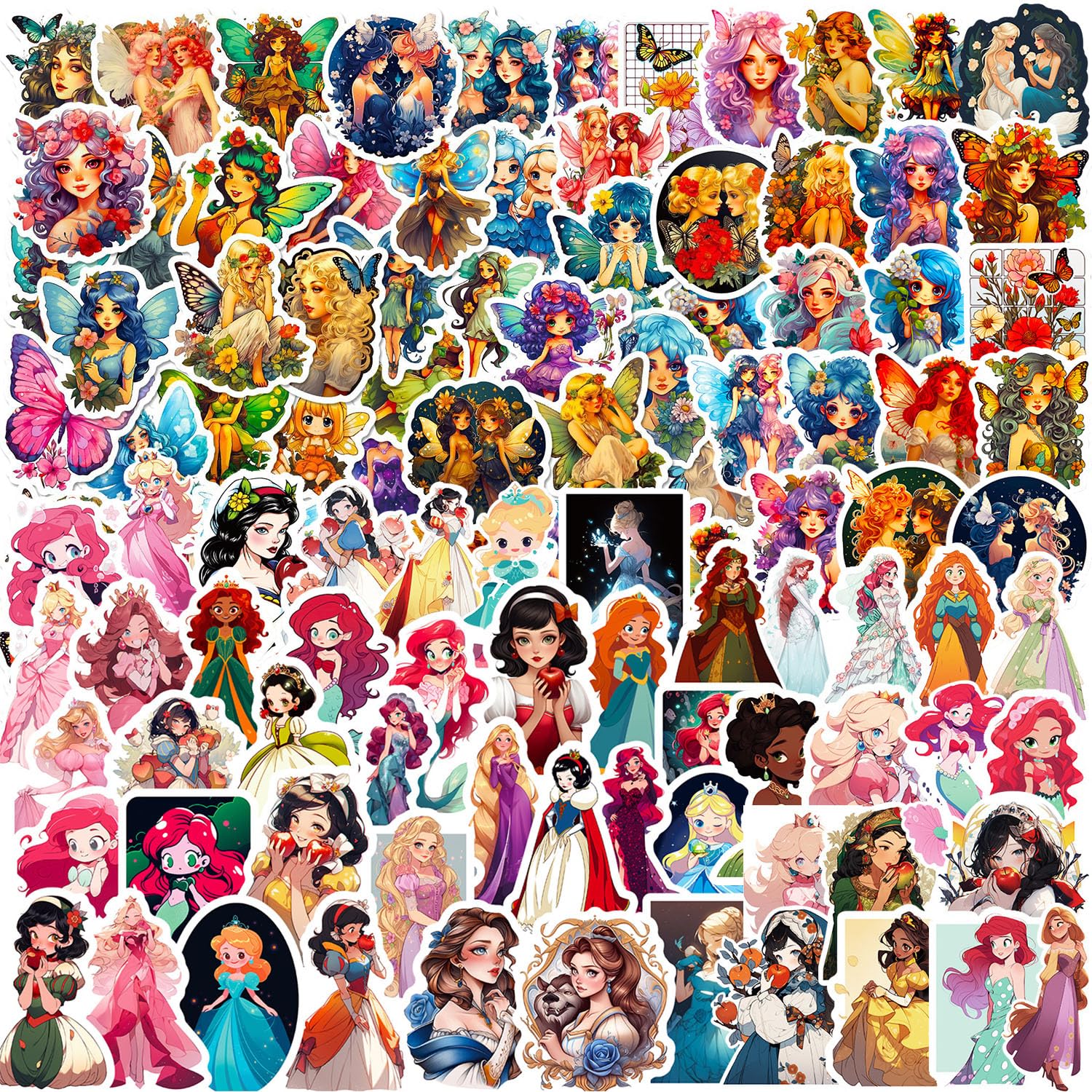 100 Piezas Pegatinas de Hadas De Flores, Stickers de Temáticas Flores Mariposas para Cuaderno Álbum de Fotos Decoración DIY, Ordenador PortáTil, Patineta, Motocicleta, Parches de Equipaje
