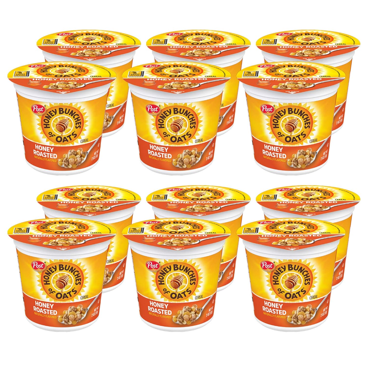 Post Honey Bunches of Oats Honey Roasted, Portable Cereal Cups To Go, Whole Grain, Low Fat Breakfast Cereal, 2.0 Ounce (Pack of 12) Cups
