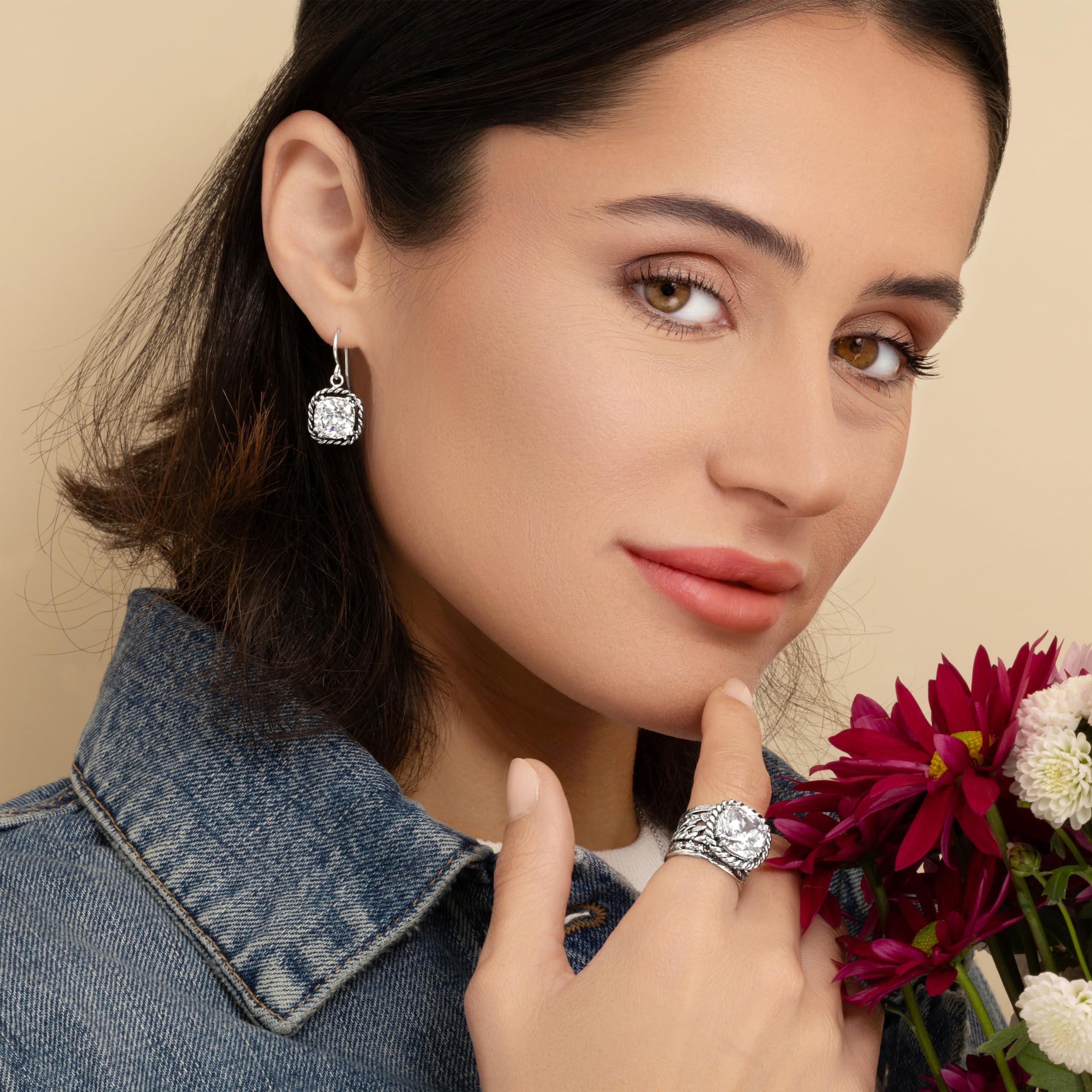 JEAN RACHEL JEWELRY Damenring aus 925er Sterlingsilber, Vintage-Design mit Flecht- und Blattmotiv sowie Zirkonia im Kissenschliff, hypoallergen, nickelfrei, bleifrei, handgefertigter Statement-Schmuck