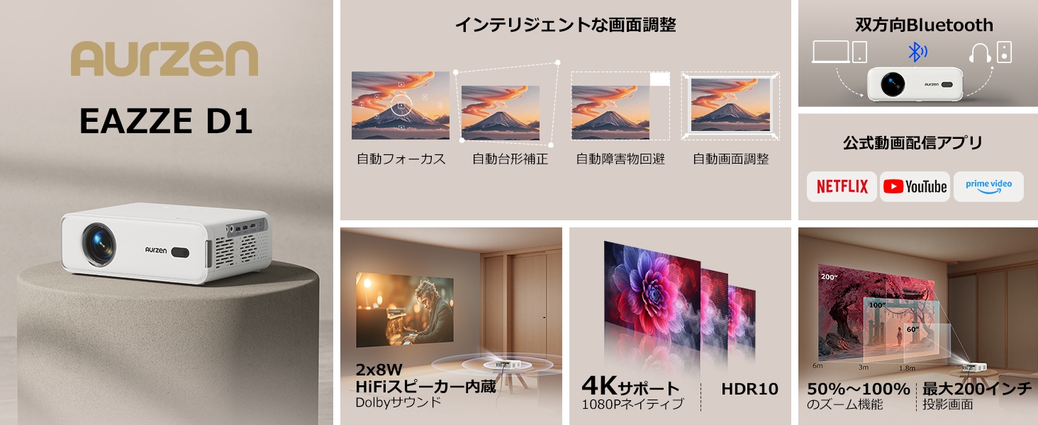 Amazon.co.jp: Aurzen プロジェクター 家庭用 小型【2025新進化