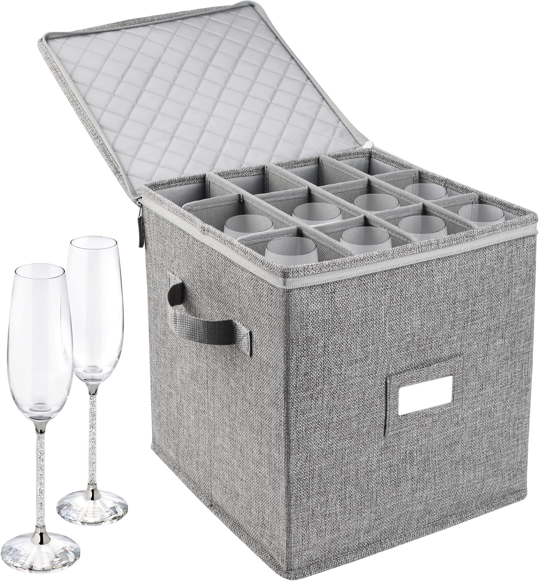 LotFancy Champagne Flute Storage Container, Hard Shell, Stackable, 12" Tall Wine Glass Storage Box with Dividers & Handles, Stemware, Crystal Glassware, Drinkware Case for Moving, Grey