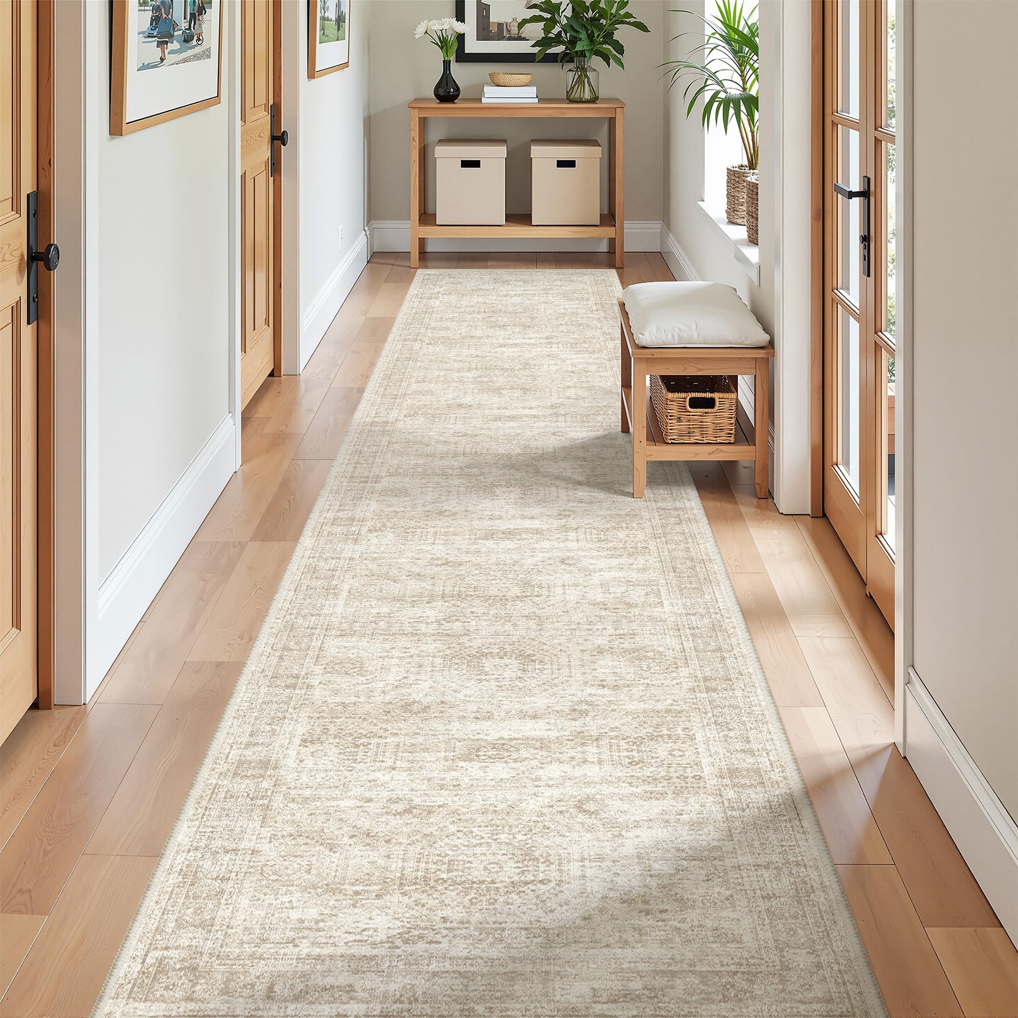 Washable Beige Hallway Runner Rug - 2x10