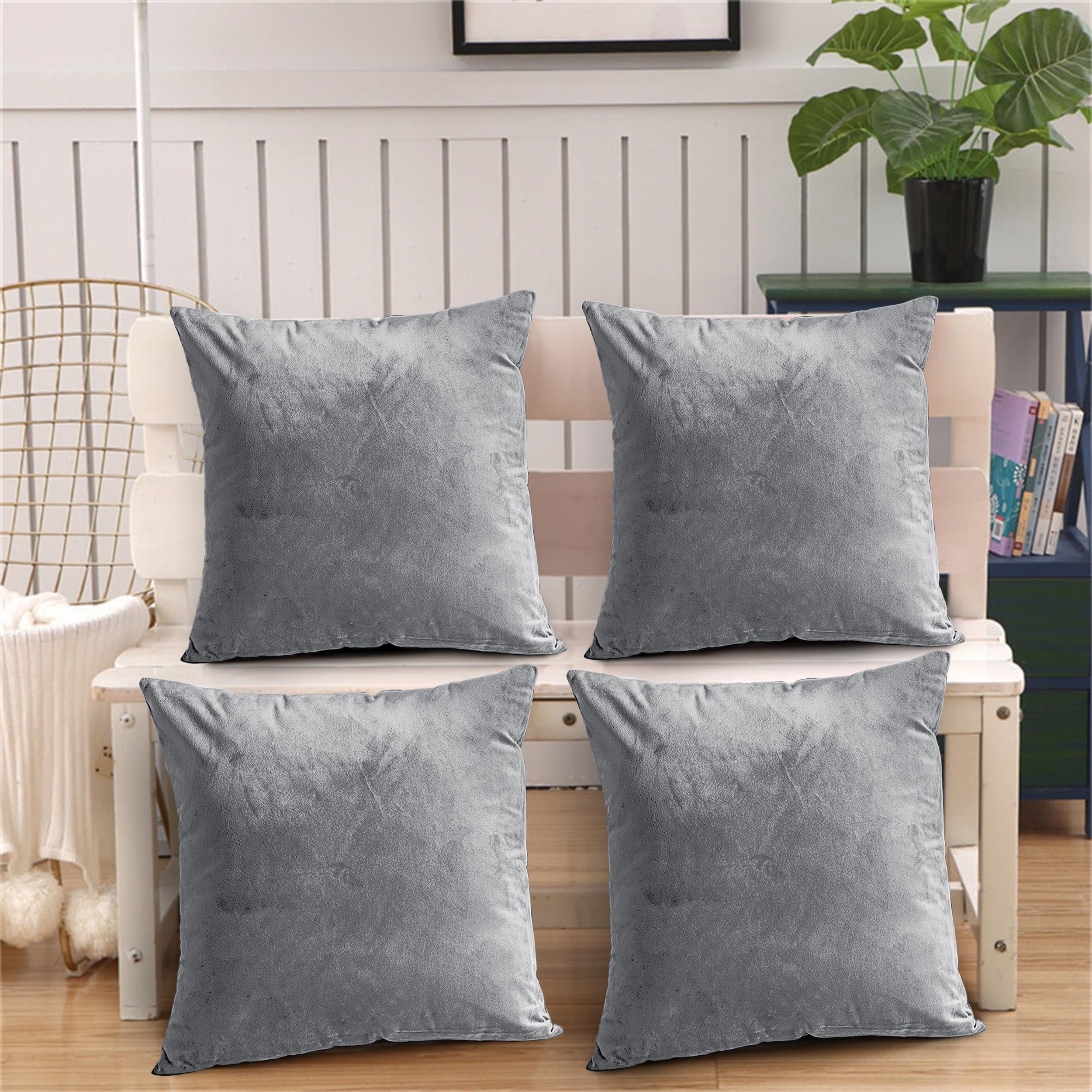 Oxford Homeware Silver Cushion Covers 45Cm X 45Cm (Pack Of 4) Decorative Velvet Cushions Cover For Living Room Sofa Bedroom With Invisible Zipper, 18 X 18 Inches