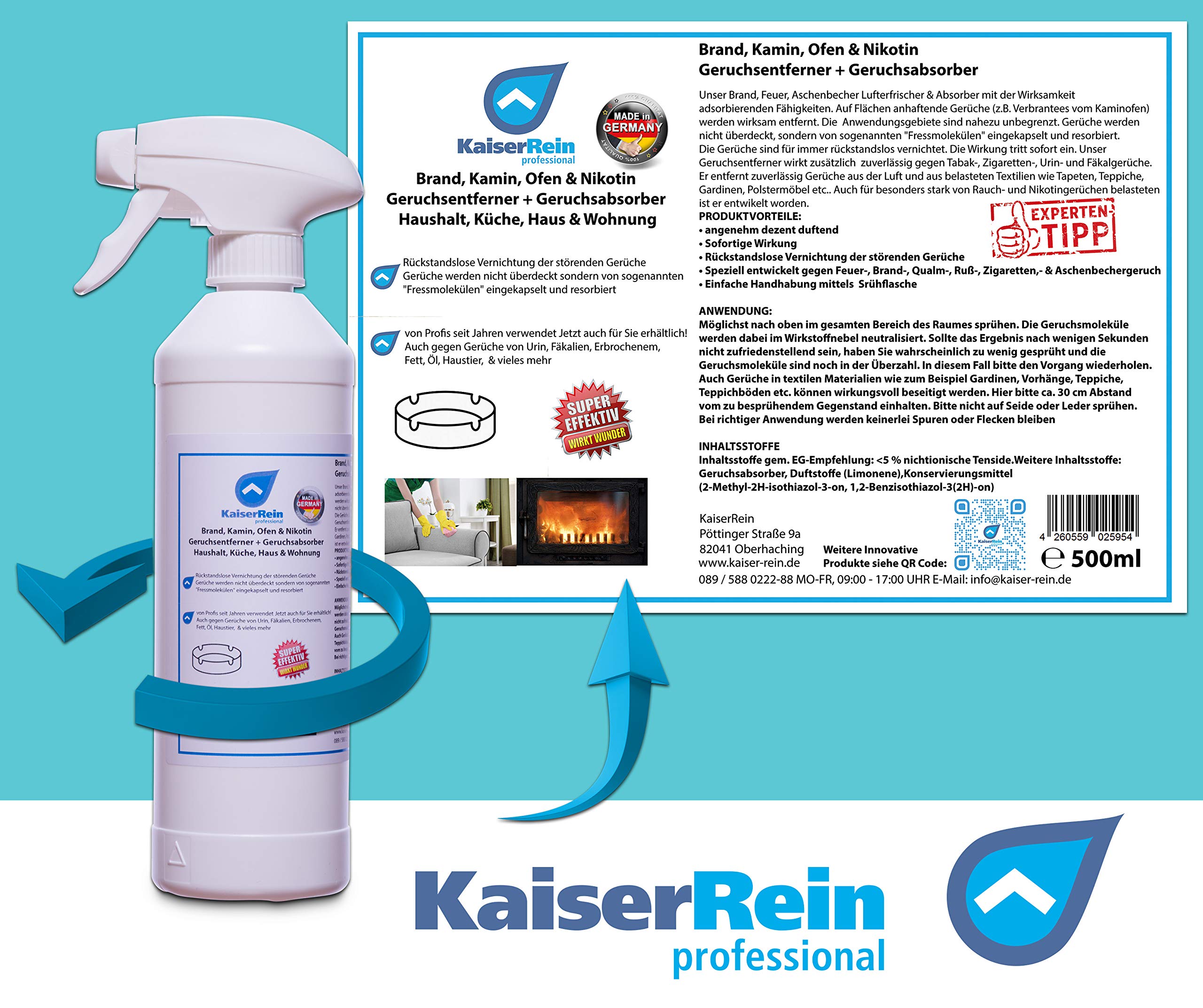KaiserRein Geruchsentferner + Geruchsabsorber Brand-, Kamin-, Ofen- Nikotin- Gerüche 5 L Kanister + Spray Flasche Leer