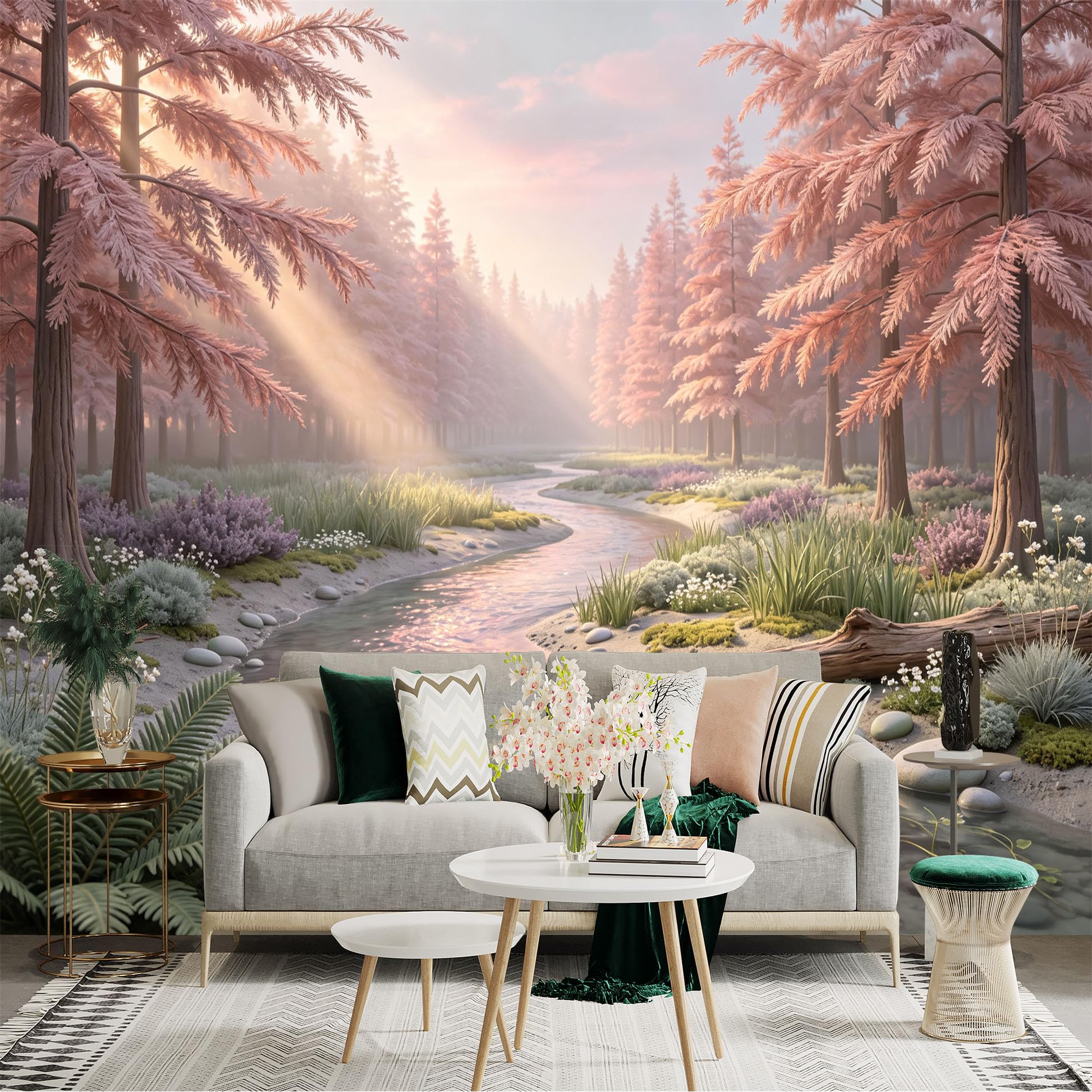 Lnzczhyre Bh260719510 Custom Size Wall Sticker Mural， Pink Misty Forest With Flowing Creek， Soft Sunlight Landscape， For Wall Decoration， Peelandstick Wall Decals.