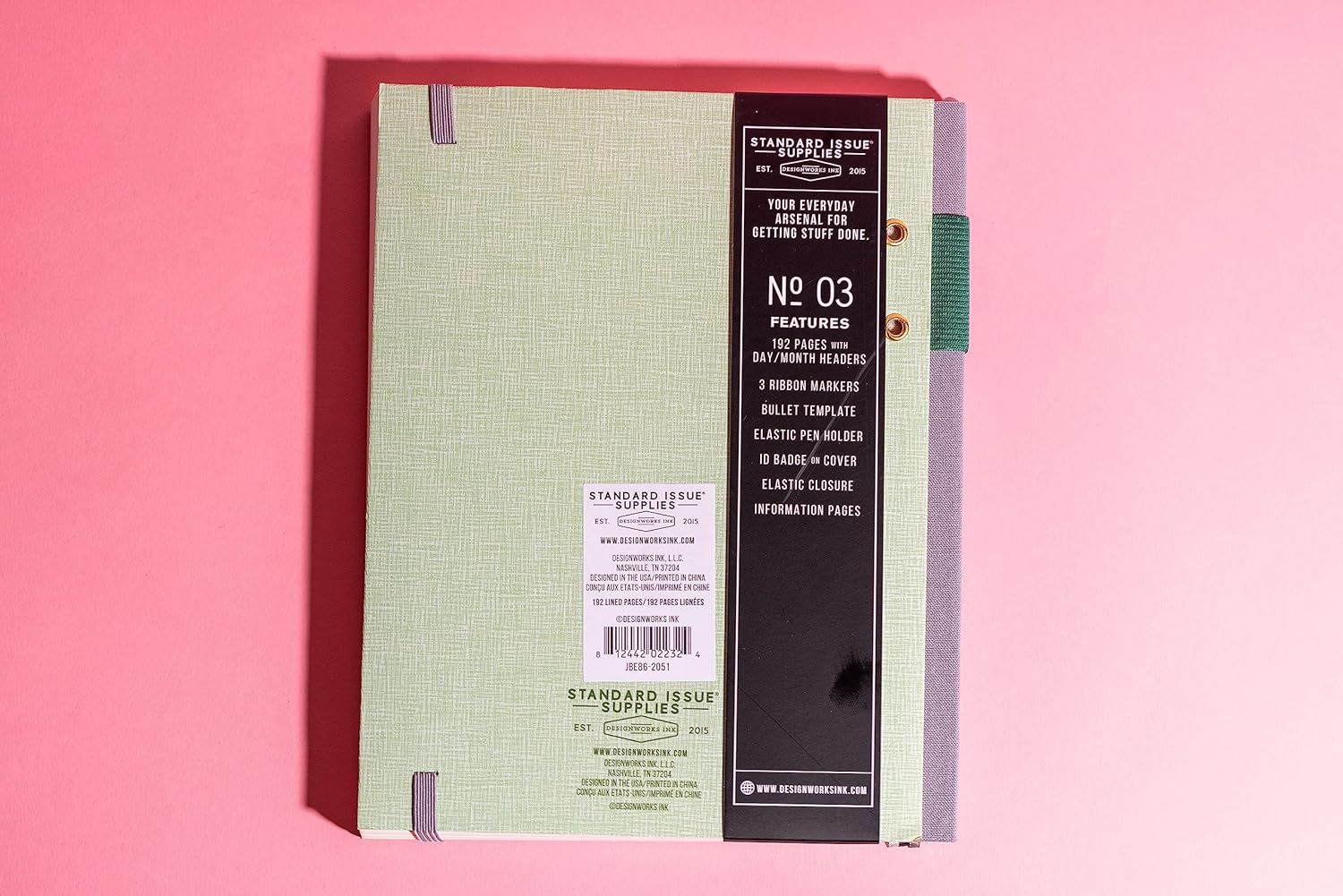 DesignWorks Ink Standard Issue Notebook No. 3, Undated Daily Planner & Writing Journal, 192 Lined Pages, Pen Holder, Small Notebook for Work & Journaling, 6.75 x 8.5 in, Green