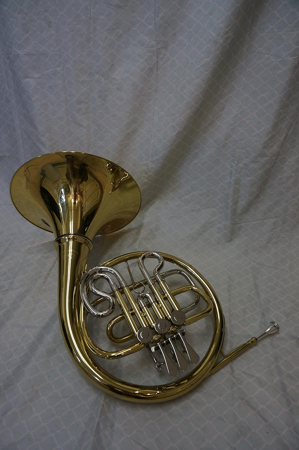 Gold French Horn, 3 key, single, with case Musical