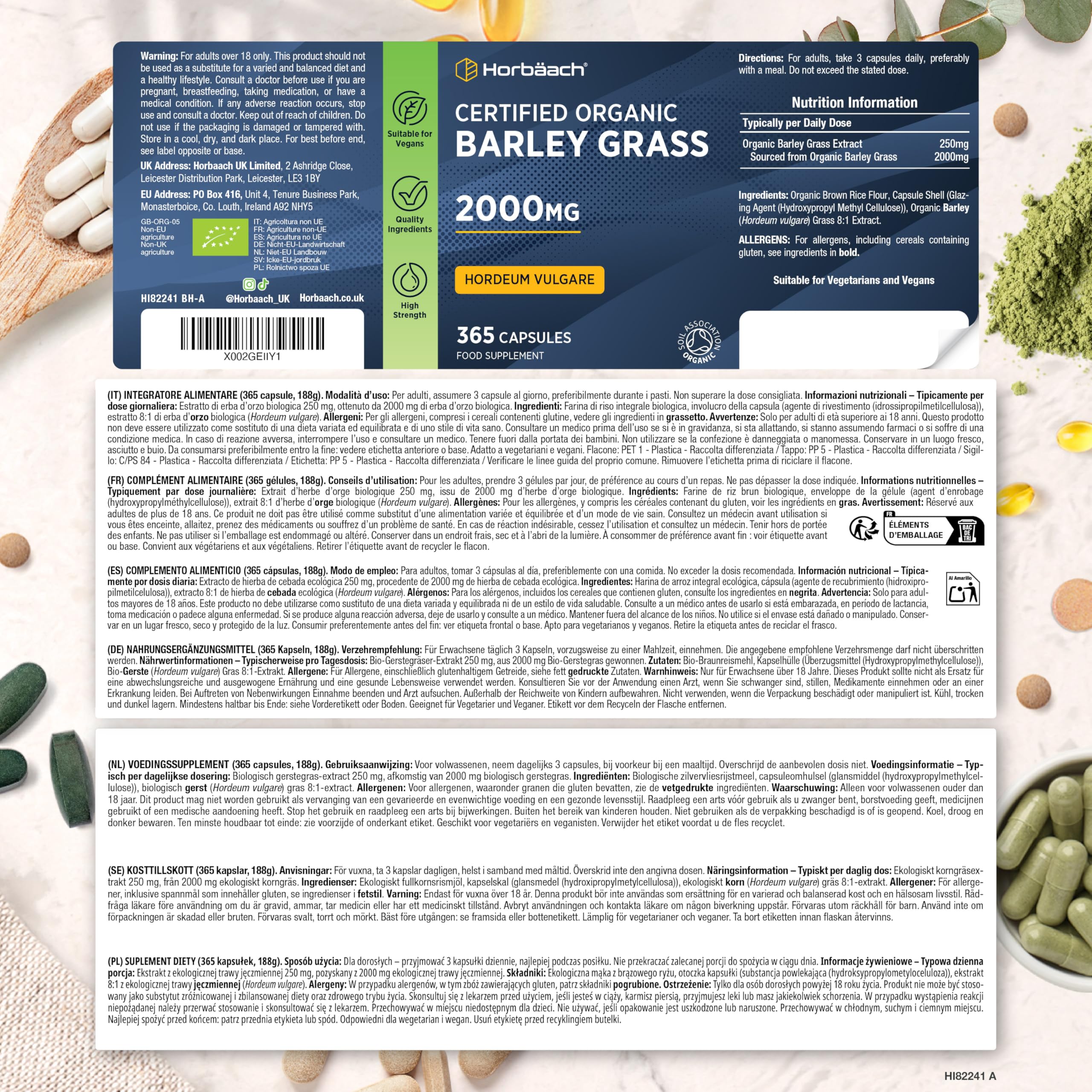 Cebada Cápsulas Bio 2000mg | Cebada en Polvo Encapsulada | 365 Cápsulas Veganas Orgánicas | con Certificado Orgánico | Organic Barley Grass | Horbaach
