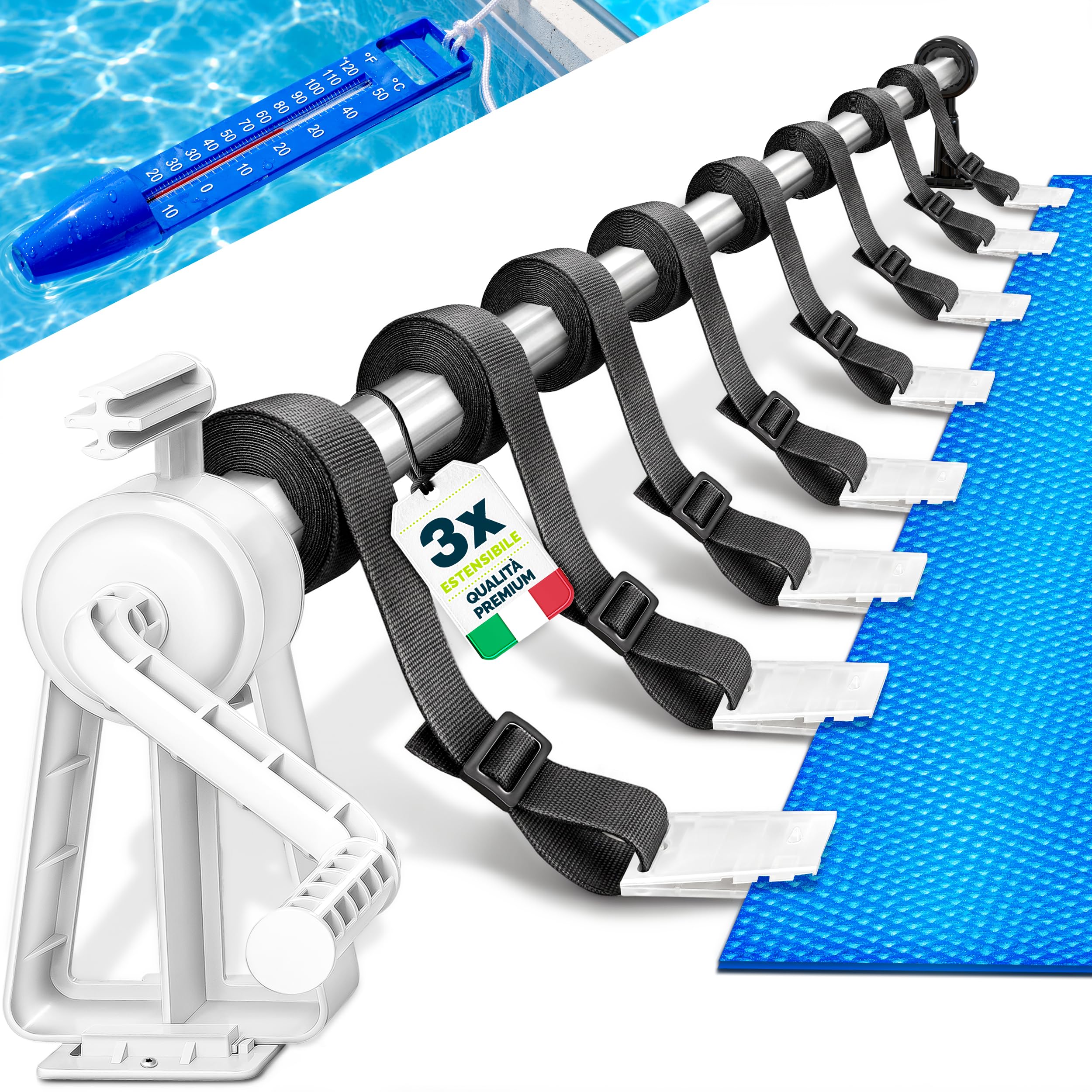 tillvex Rullo Avvolgitore per Telo da Piscina 1,05-6,15 m con termometro | Sistema di avvolgimento per Teli solari | Dispositivo di avvolgimento per Teli per Piscina e coperture incl. Nastri