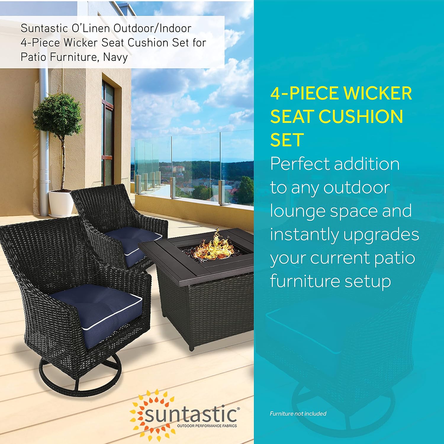 Suntastic O'Linen Outdoor/Indoor 4-Piece Wicker Seat Cushion Set for Patio Furniture, 18" x 19" x 5", Navy Blue