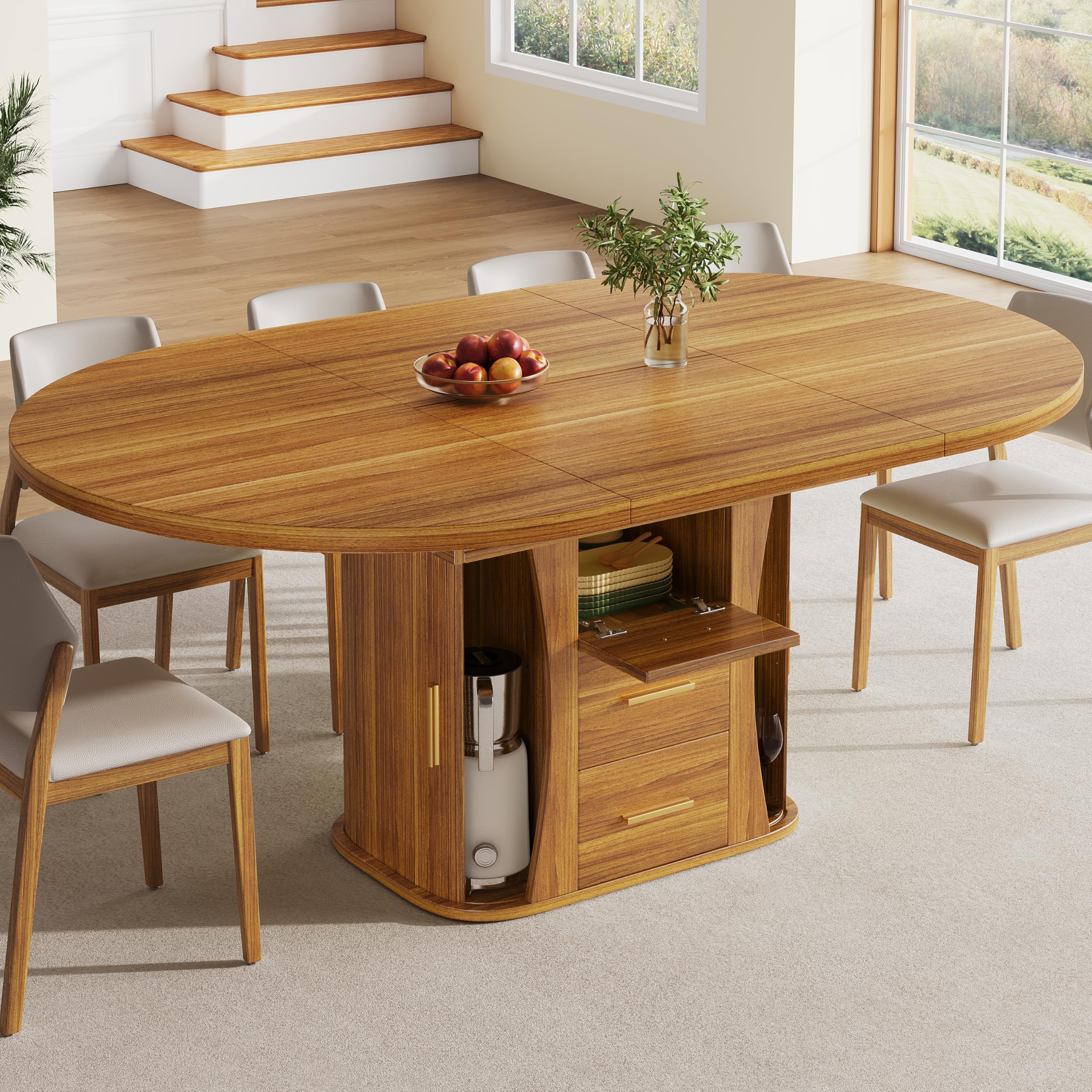 Table à Manger Extensible 118-158 cm, Table Ronde Salle Manger avec 2 Tiroirs, 3 Compartiments de Rangement, Table de Cuisine pour 6 Personnes, pour Cuisine Salon et Bureau, Finition Noyer