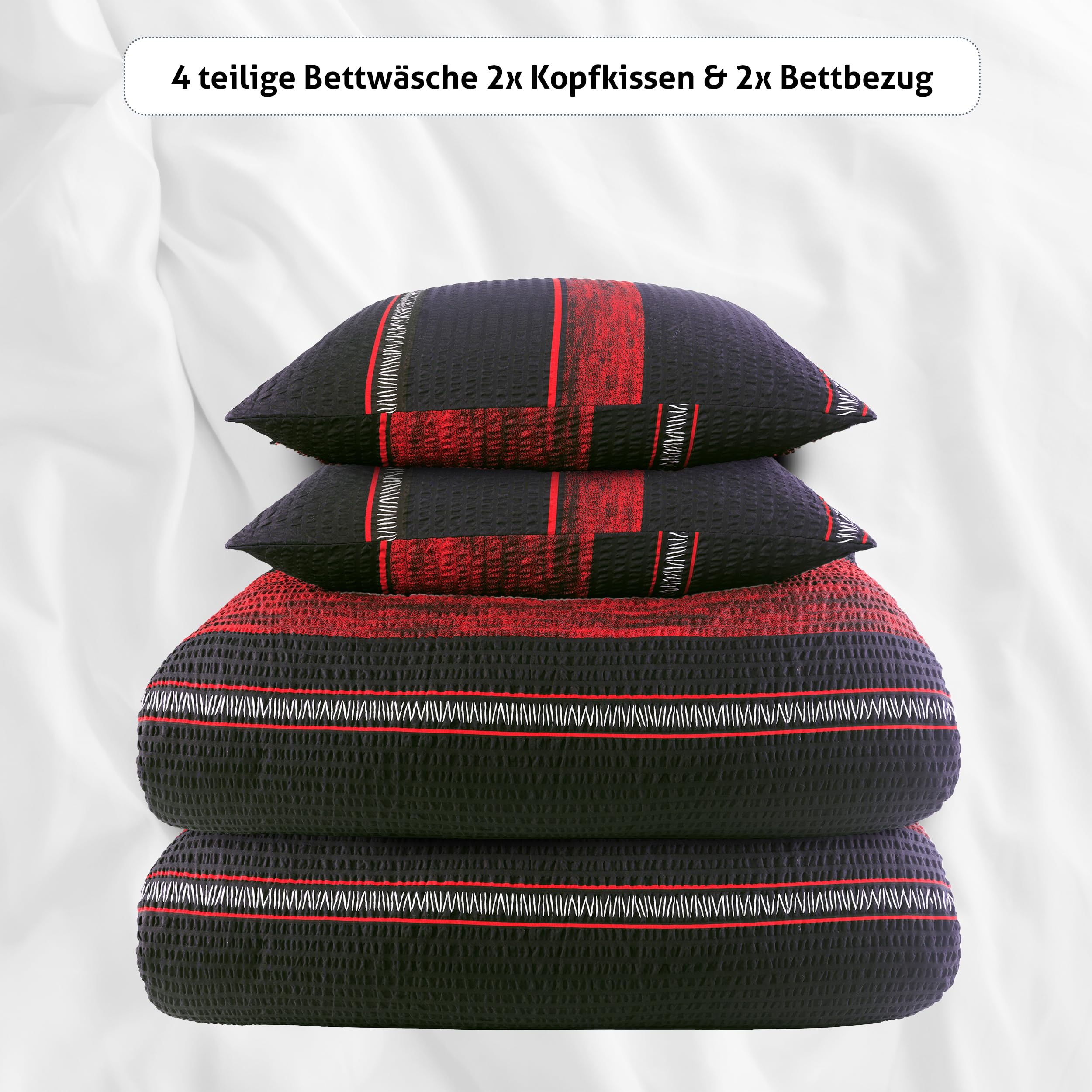 FELLANO 4 teilig Seersucker Bettwäsche 135x200 Set mit je 2 Bettbezüge 135 x 200 & Kissenbezüge 80x80 | ÖkoTex Zertifiziert & für Allergiker geeignet (Design 2, 2 x 135x200 + 2 x 80x80)