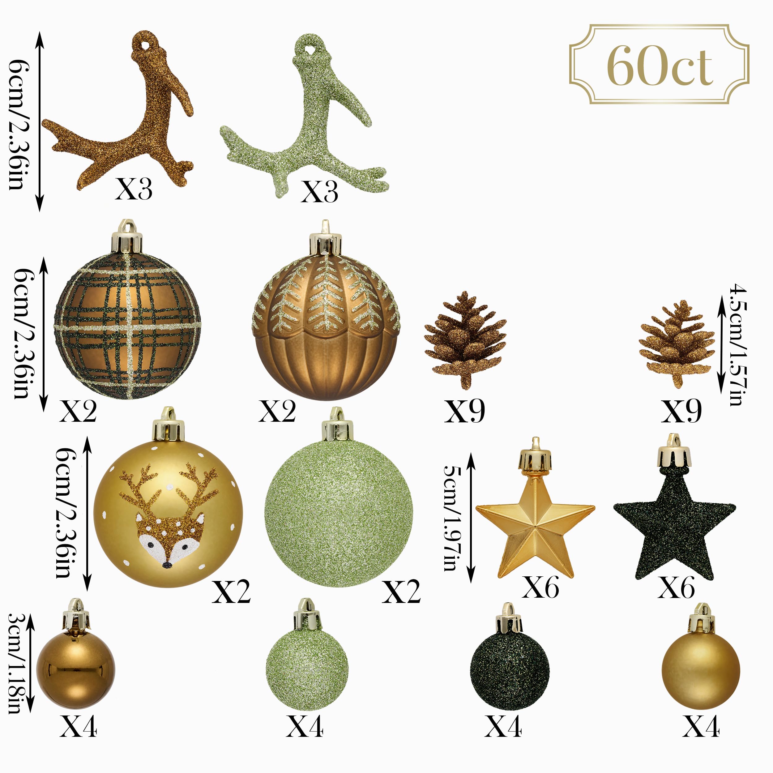 Valery Madelyn Lot de 60 boules de Noël - Décoration de Noël - En plastique - Bronze - Vert - Avec crochet de suspension - Thème forêt (M)