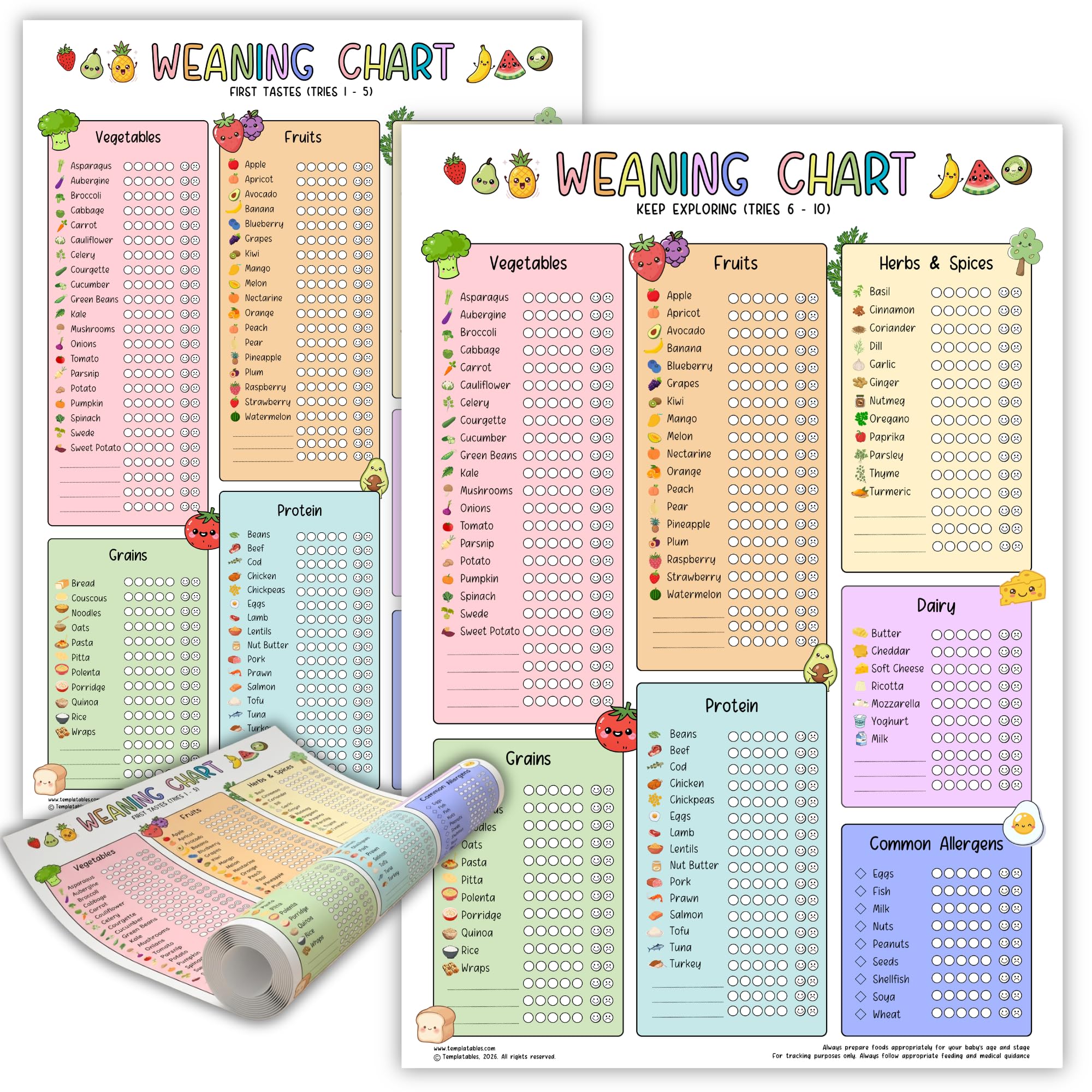 Baby Weaning Chart A3 Poster – Baby Led Weaning Food Tracker & Checklist – Track 100+ Foods, Allergens & Reactions – Track 10 tries per food & double sided BLW Chart for Babies & Toddlers