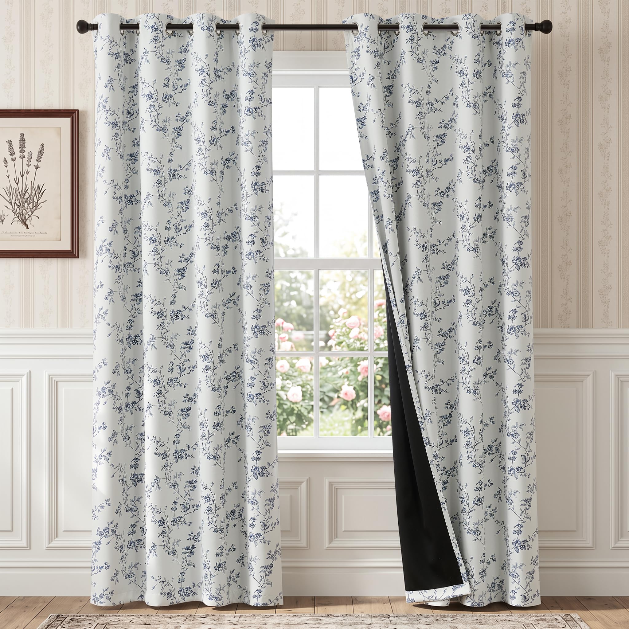TOPICK 100% Blackout Vintage Floral Curtains for Bedroom W52xL84 Navy Blue
