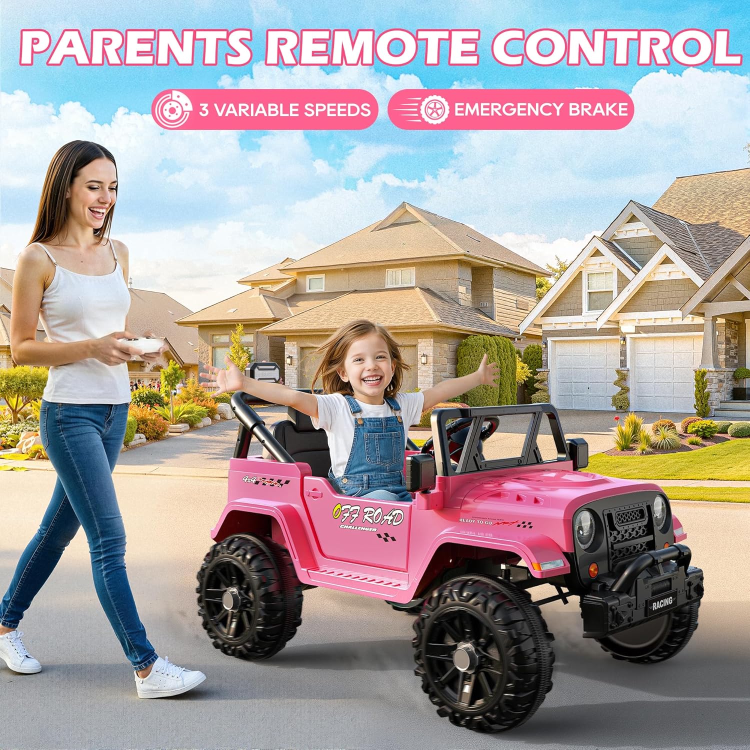 ARBELI 12V Ride On Truck Car with Remote Control, Kids Electric Vehicles with Bluetooth Music, Horn, 3 Speeds, 4 LED Lights, Soft Start, Ride on Toys for Toddler Boys & Girls (Pink)