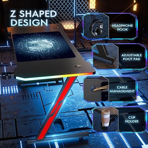 Miniatura 7 de Homall Escritorio para computadora de juegos con superficie de fibra de carbono, mesa de juegos en forma de Z para PC en casa con soporte para tazas