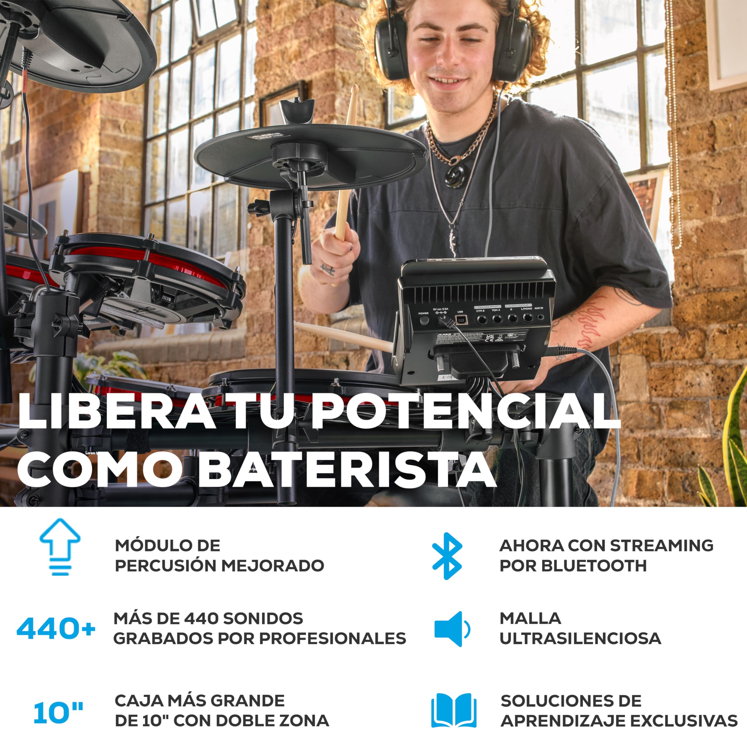 Alesis Nitro Max Kit Batería Electrónica con Parches Silenciosos de Malla, Caja de Doble Zona de 10", Bluetooth, 440+ Sonidos Auténticos, Lecciones Drumeo, USB MIDI, Taburete y Auriculares