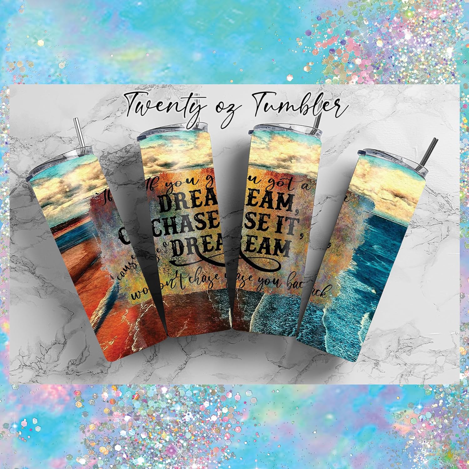 20 oz Insulated Double Wall Stainless Steel Tumbler with Spill Proof Lid and Reusable Straw, Water Bottle Coffee, Chase A Dream Ocean Sunset Holiday Beach Quote Cup Mug Tumbler (Quote01)