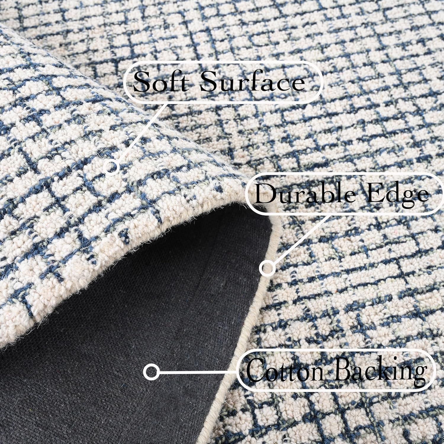 Hand-Tufted 100% Wool Pile Area Rug – Geometric Textured Grid Check Pattern – Thick and Durable Floor Carpet for Bedroom, Living Room, Kids Room, and Dining Area (Ivory Denim, 5' x 8')